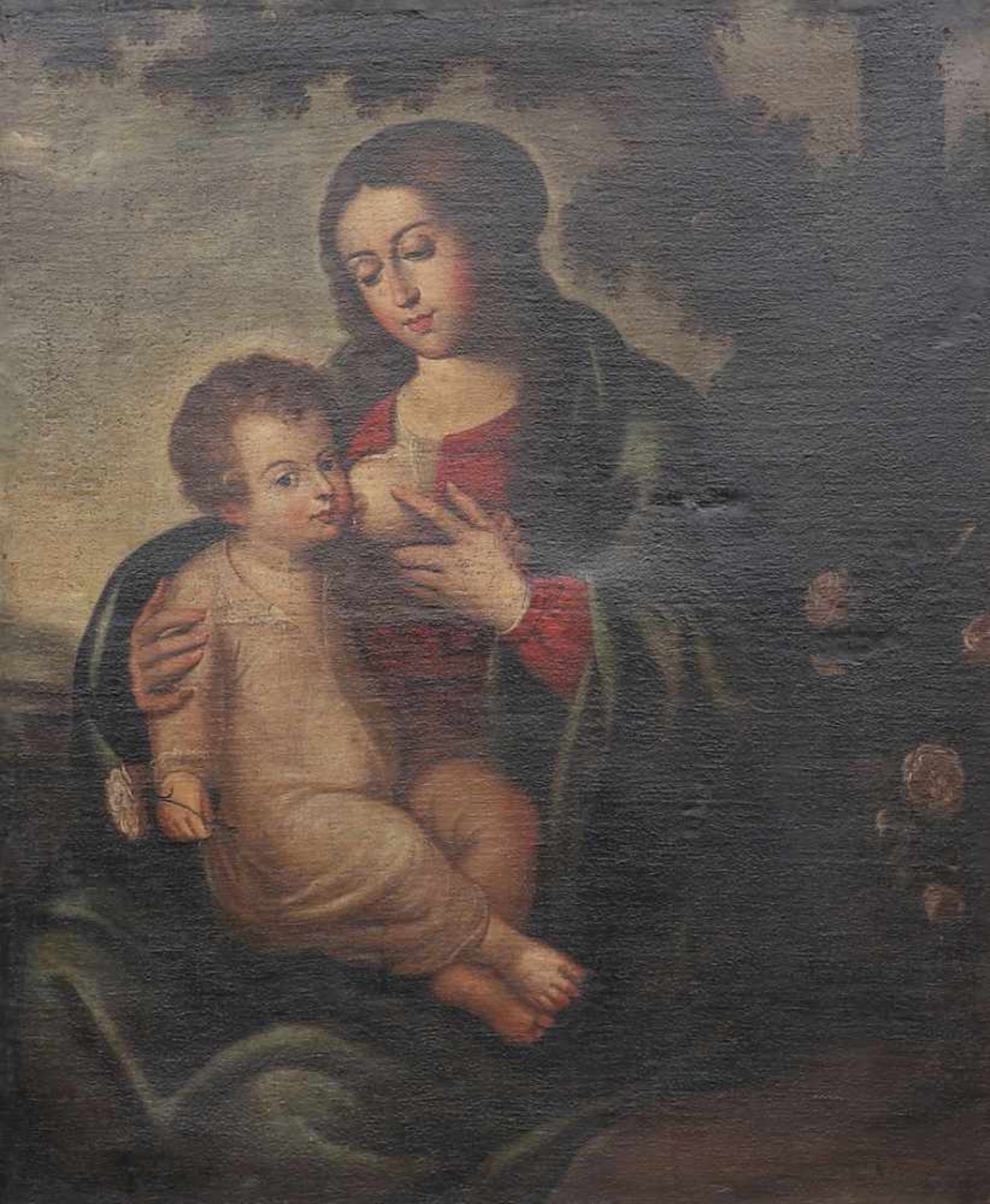 SPANISH SCHOOL, 17TH CENTURY. Madonna and Child.Oil on canvas Popular composition in the 17th