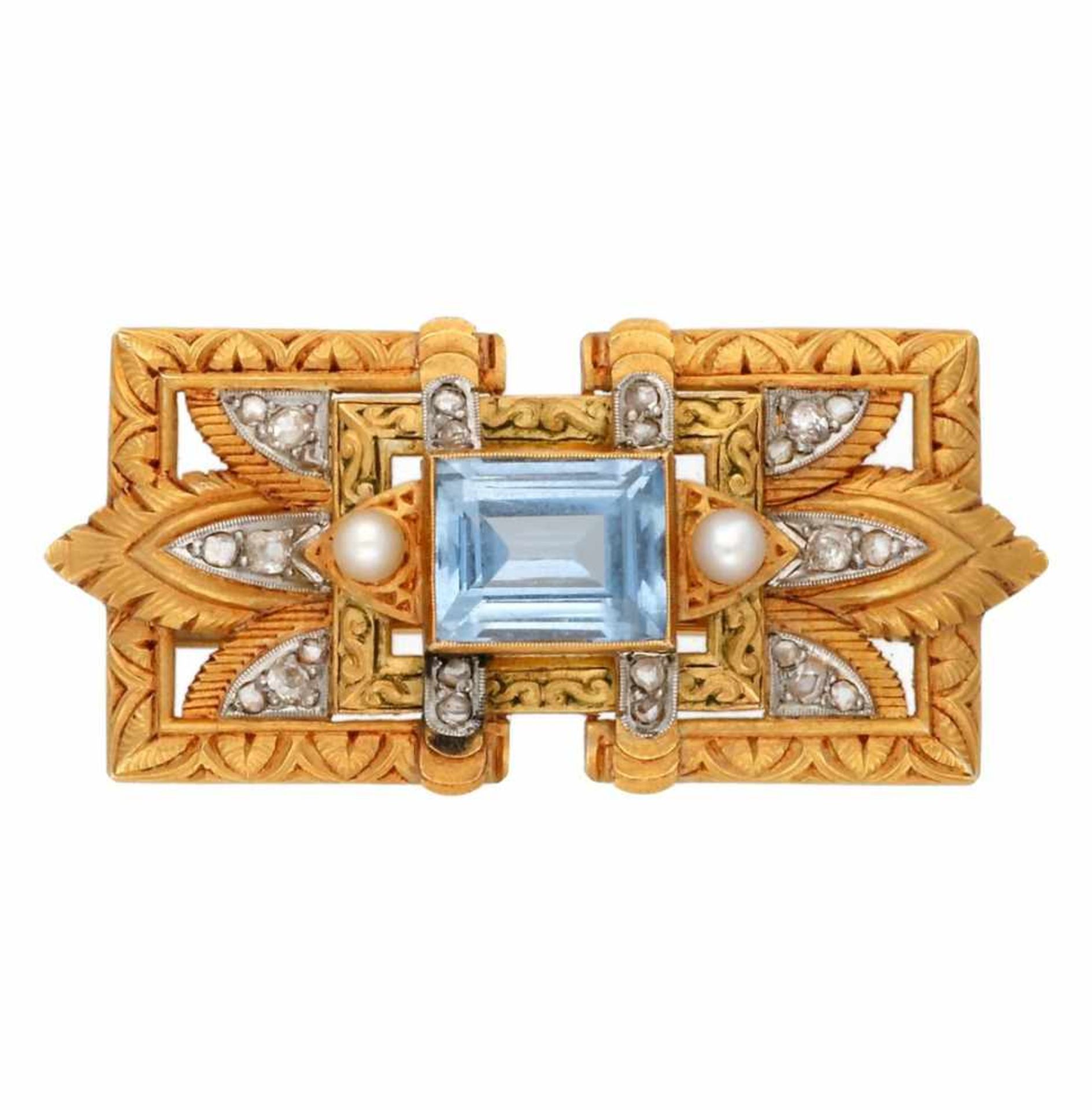Noucentist gold brooch, circa 1930.Gold with platinum views, synthetic blue spinel, old brilliant