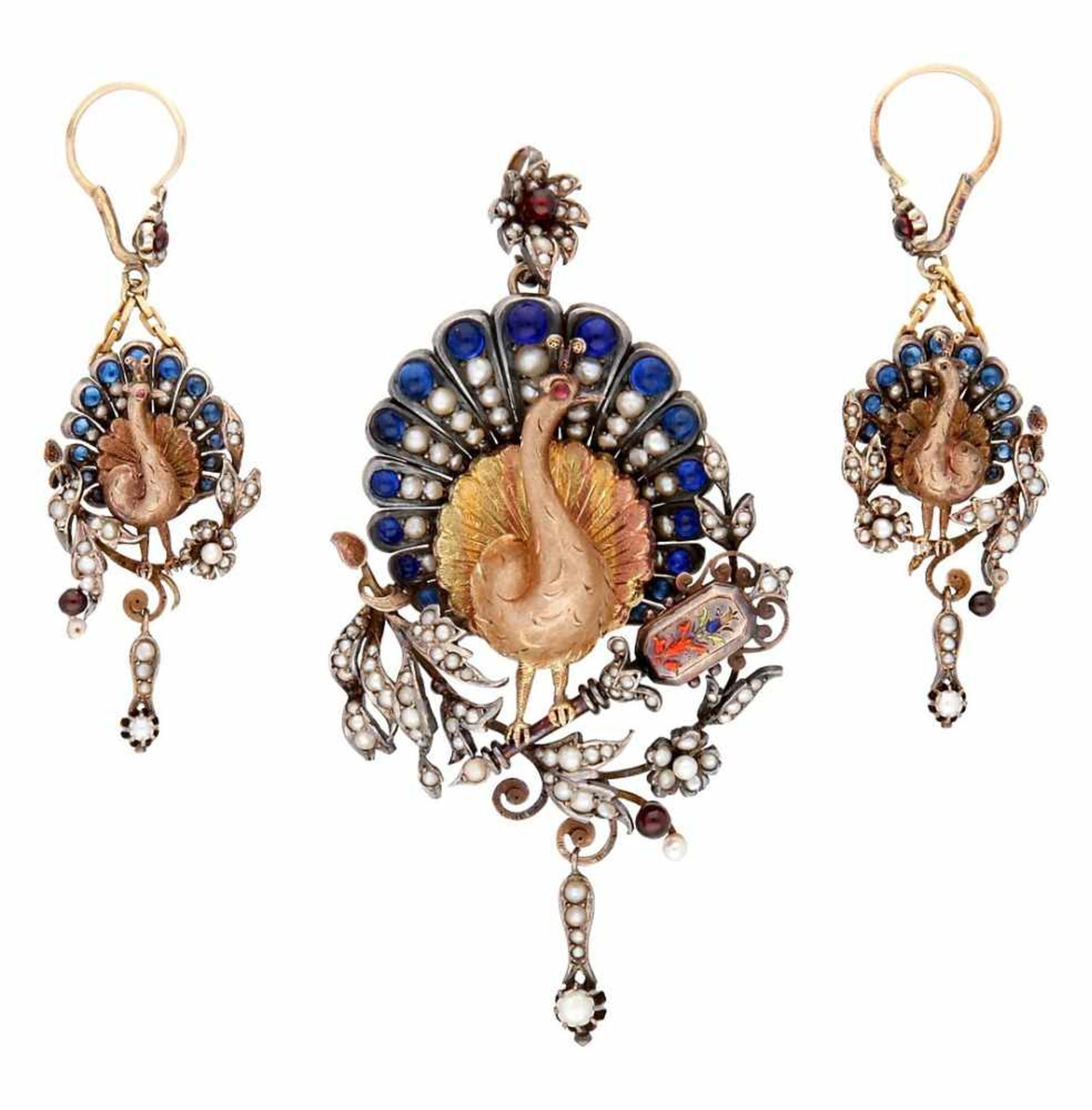 Brooch-pendant and earrings set in the shape of a turkey, 19th Century.Gold, seed pearls, blue and