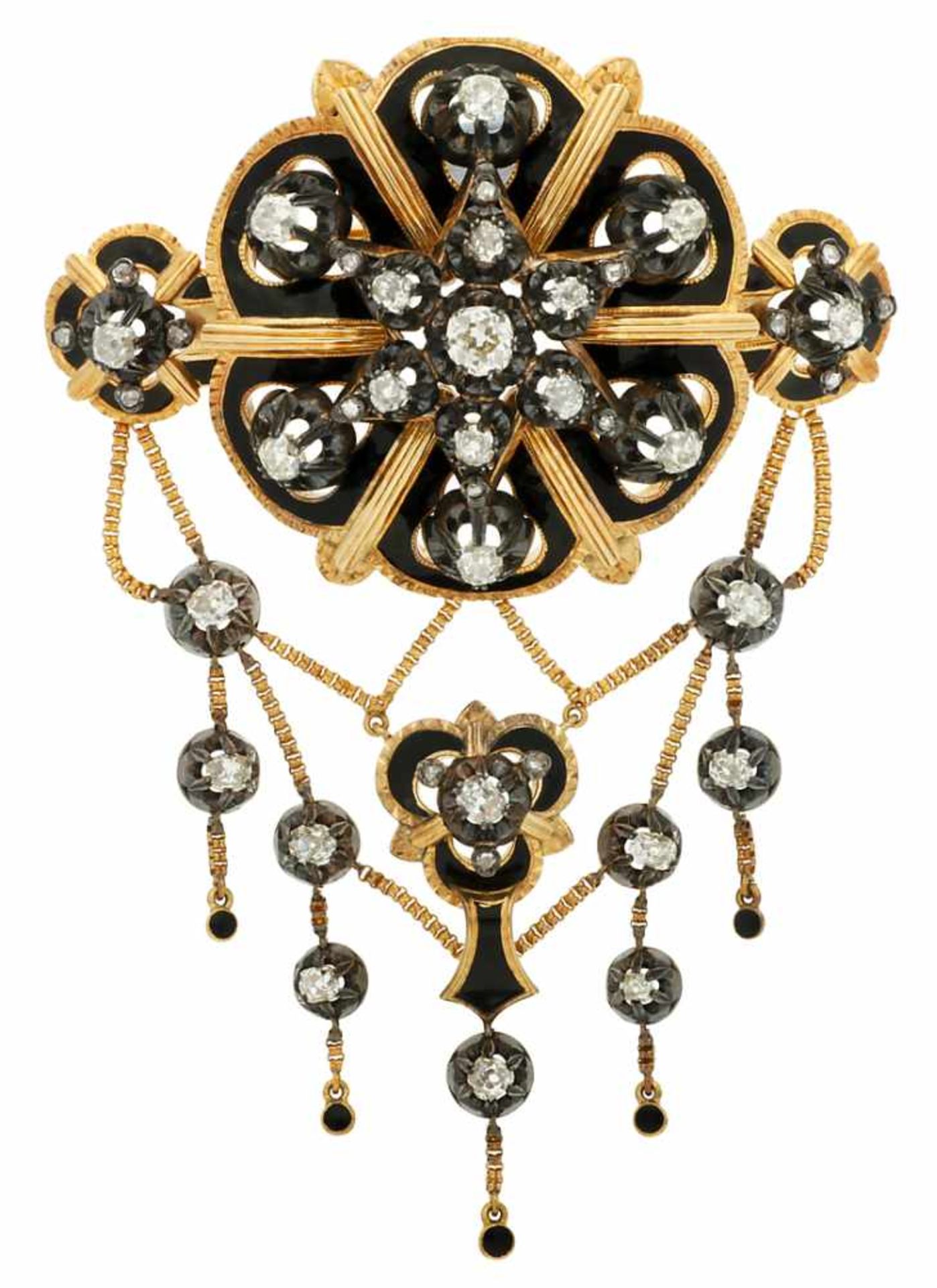 French diamonds brooch, circa 1870.Gold with silver applications, black enamel and old brilliant,