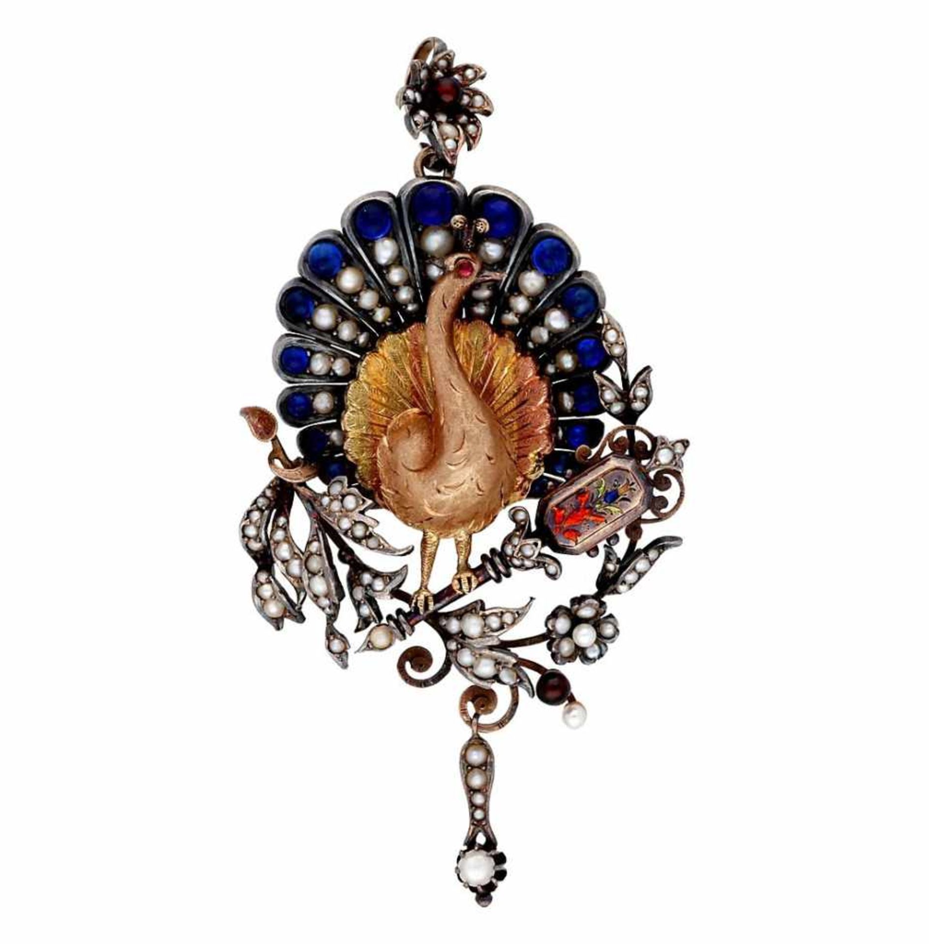 Brooch-pendant and earrings set in the shape of a turkey, 19th Century.Gold, seed pearls, blue and - Bild 3 aus 3