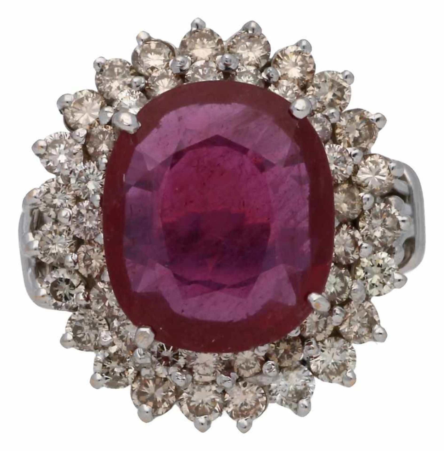 Ruby ring with diamonds border.White gold, cushion cut ruby, 5 cts and brilliant cut diamonds, 1.