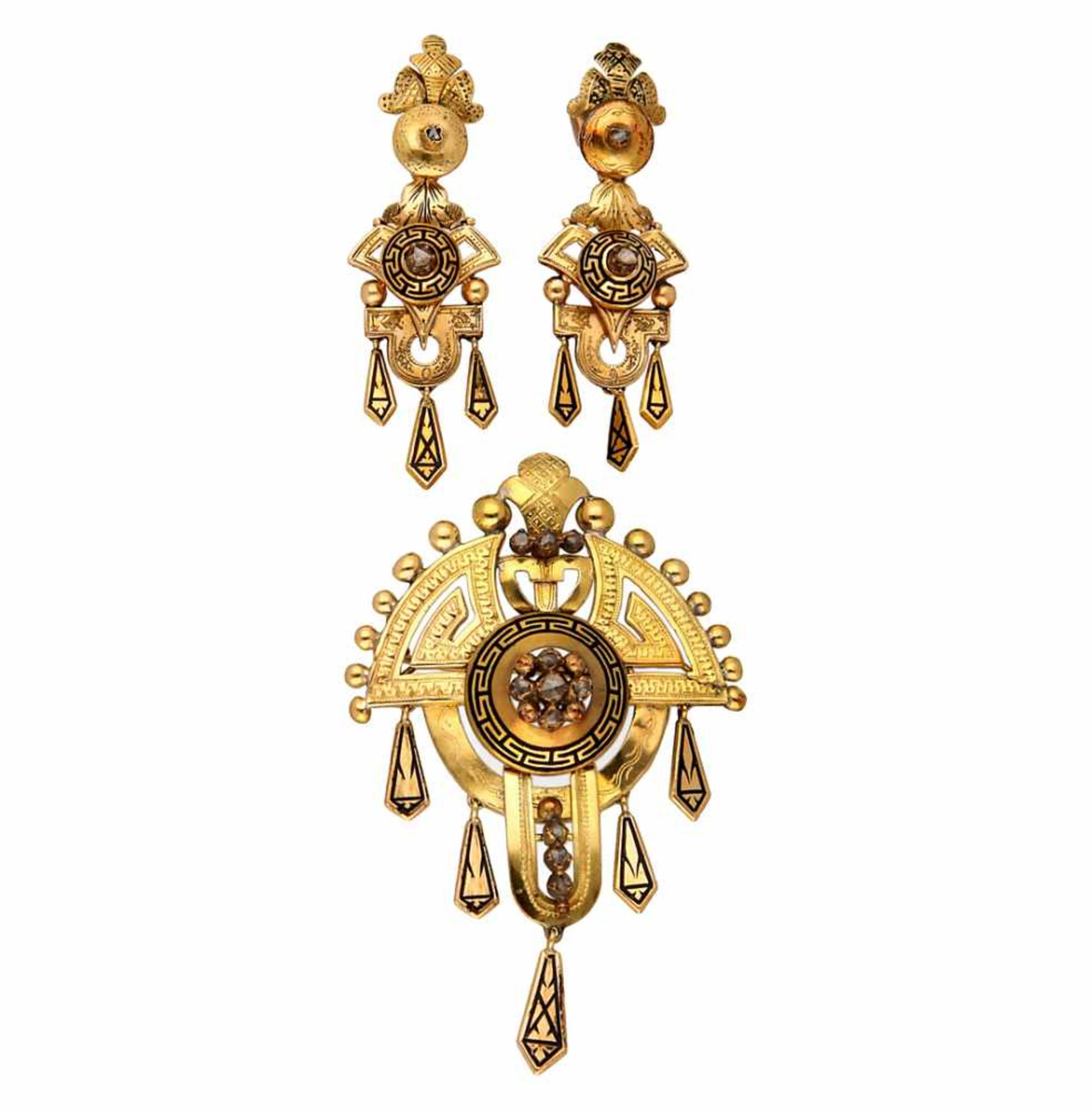 Alphonsine set in gold and enamel, 19th Century.Composed by a brooch and earrings. Gold, enamel