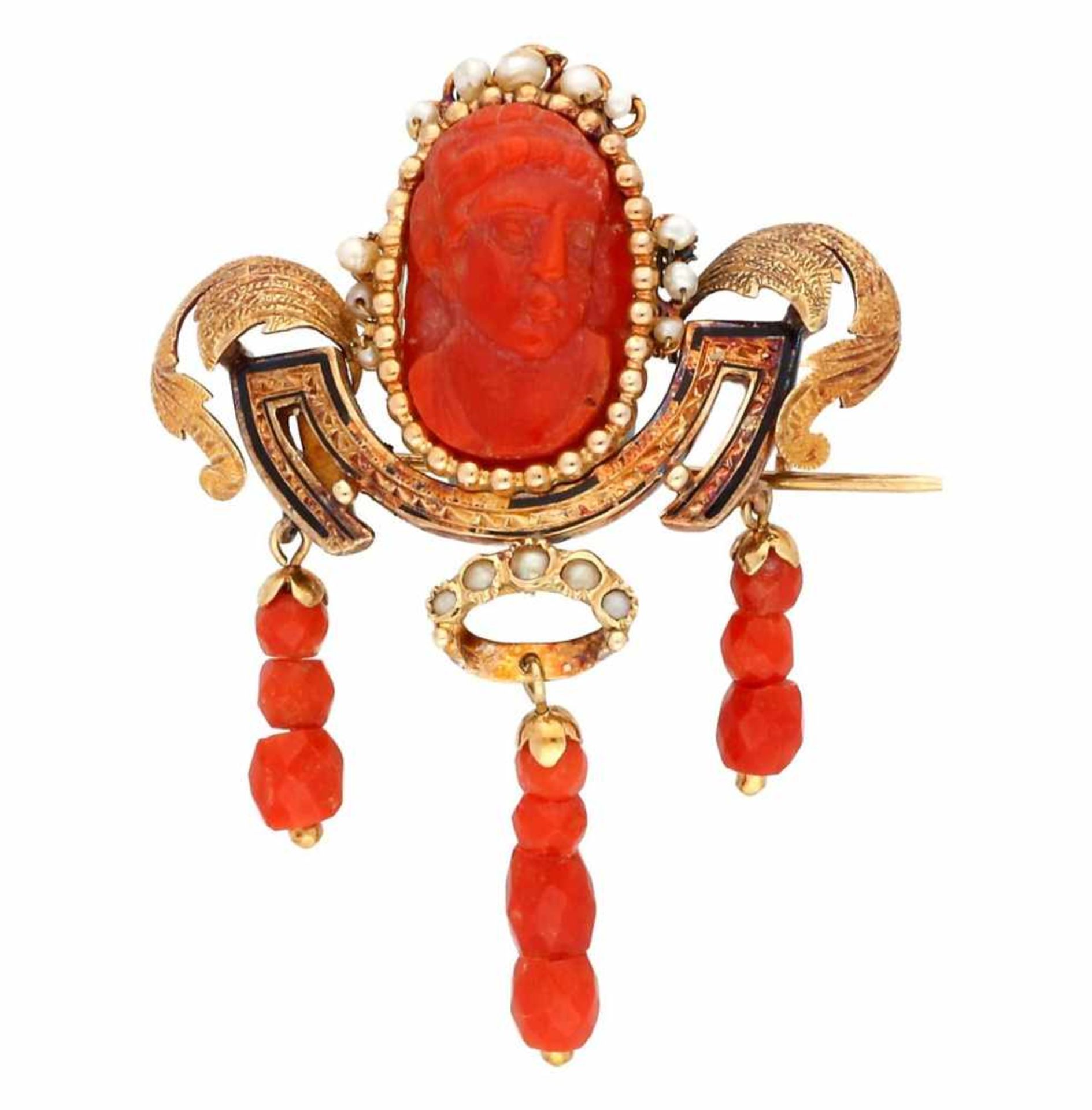 Gold and coral brooch and earrings set, 19th Century.Gold, enamel, seed pearls and carved coral.