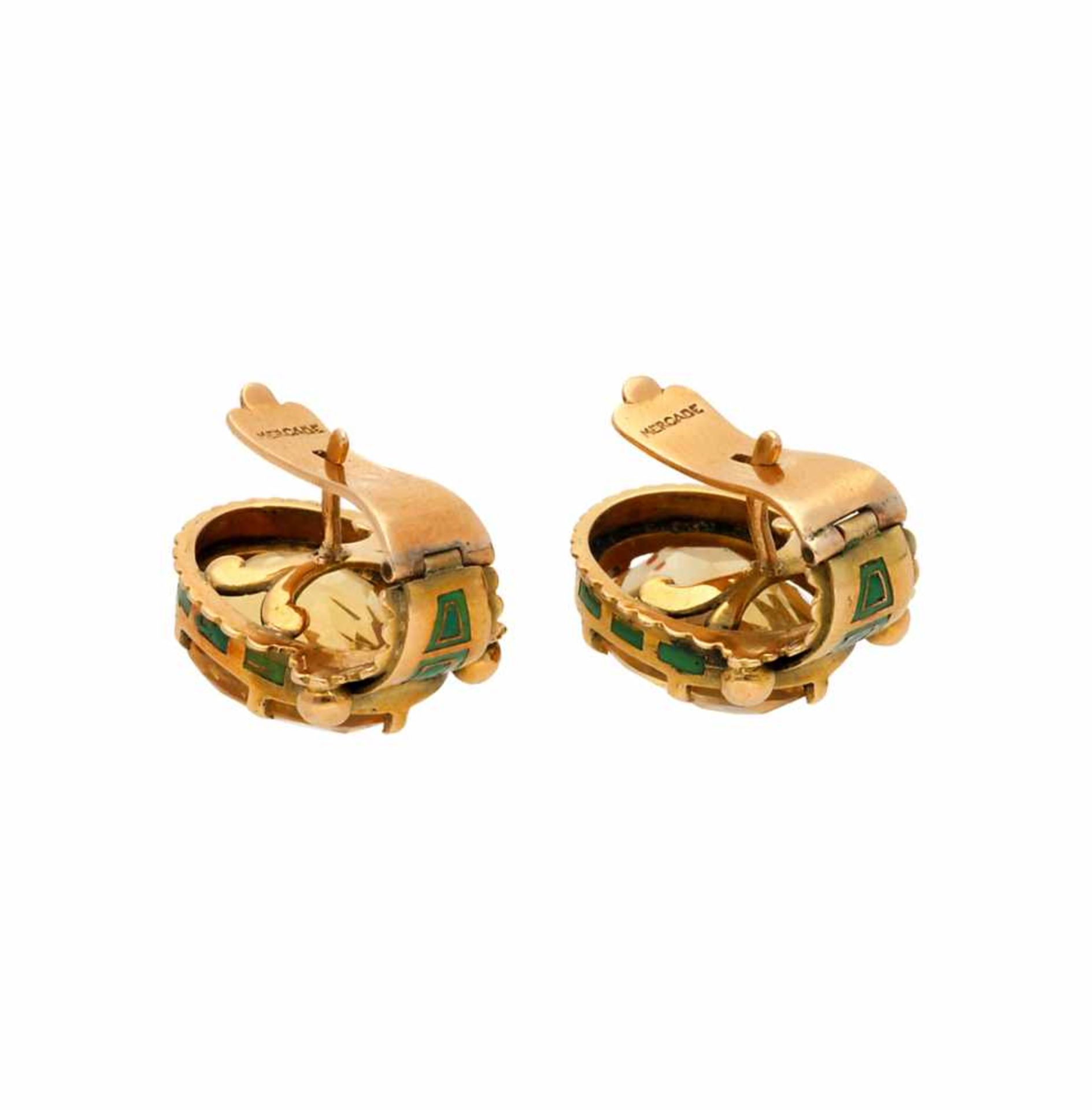 JAUME MERCADÉ. Citrine earrings, circa 1930.Gold, enamel and oval cut citrines, 4.30 cts. Signed: " - Bild 2 aus 2