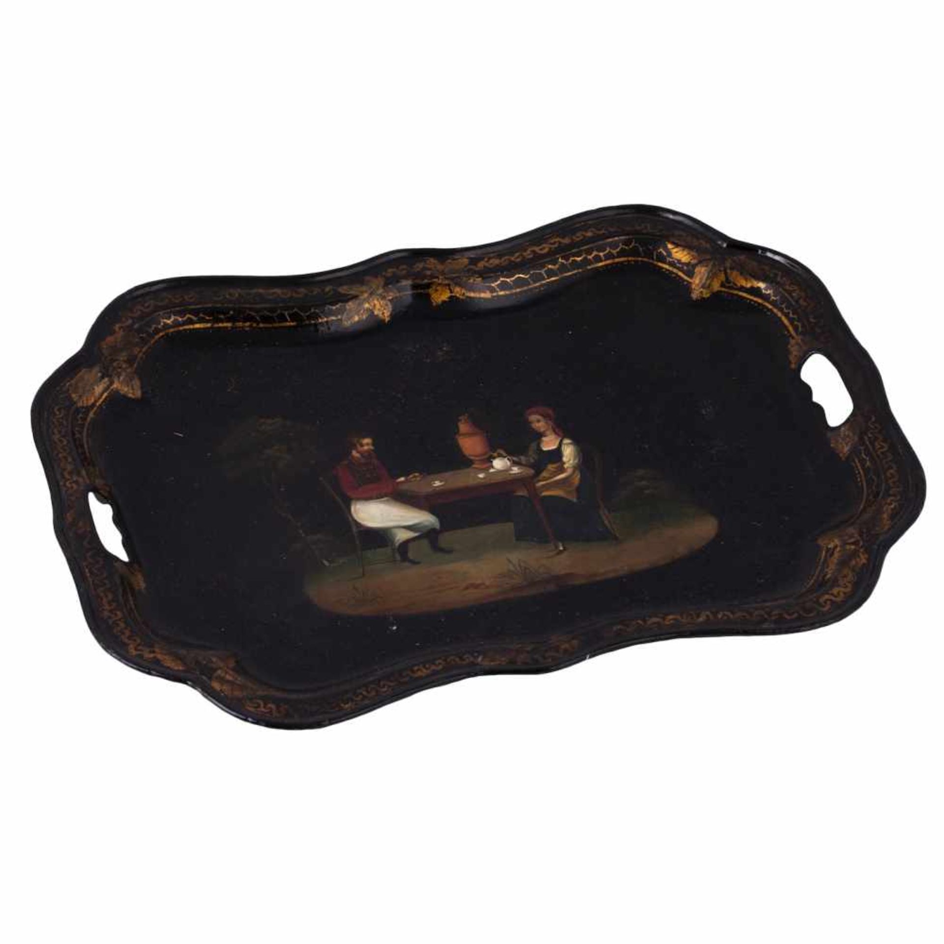 Russian tray with a painted tea drinking sceneRussian tray with a painted tea drinking scene. - Image 3 of 4