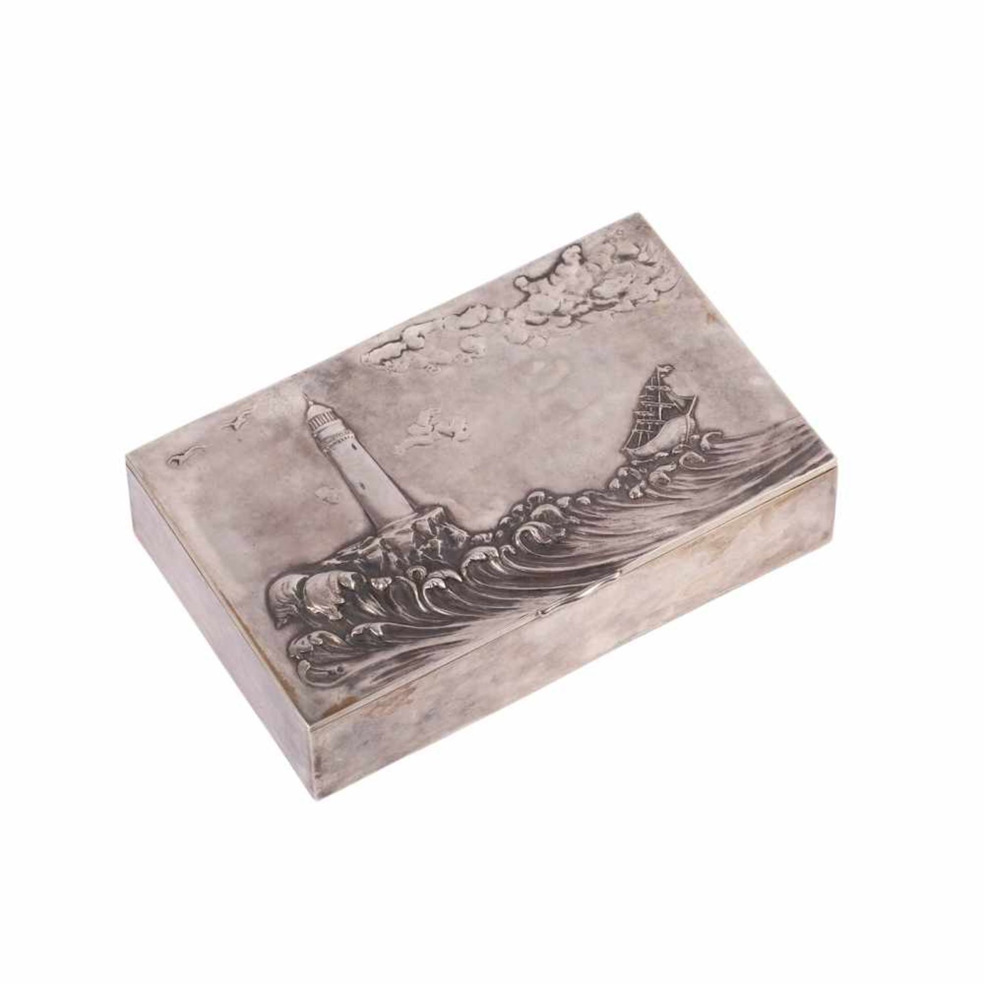 A Russian silver-gilt cigar box "Lighthouse"A Russian Art Nouveau style silver-gilt cigar box "