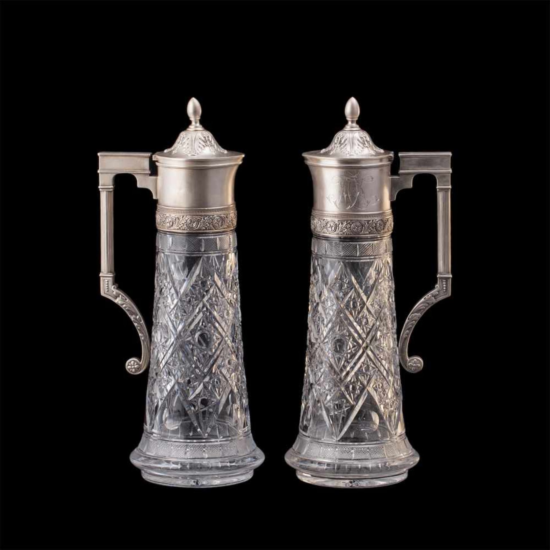 A pair of Russian silver-gilt crystal decantersA Pair of grand Russian silver-gilt and cut-glass