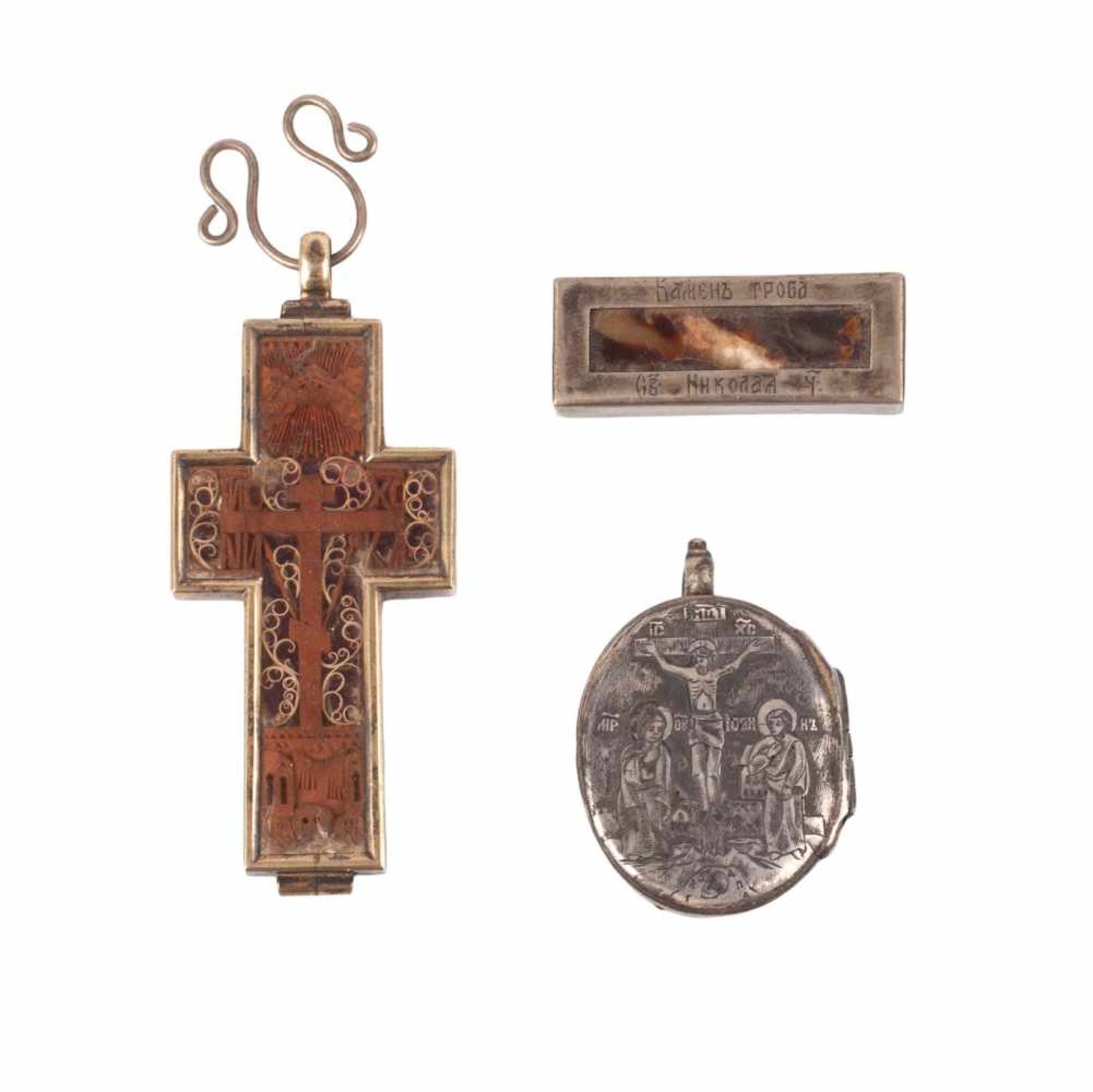 Russian 18th century cross and two reliquariesRussian cross and two reliquaries. Wood, carving,