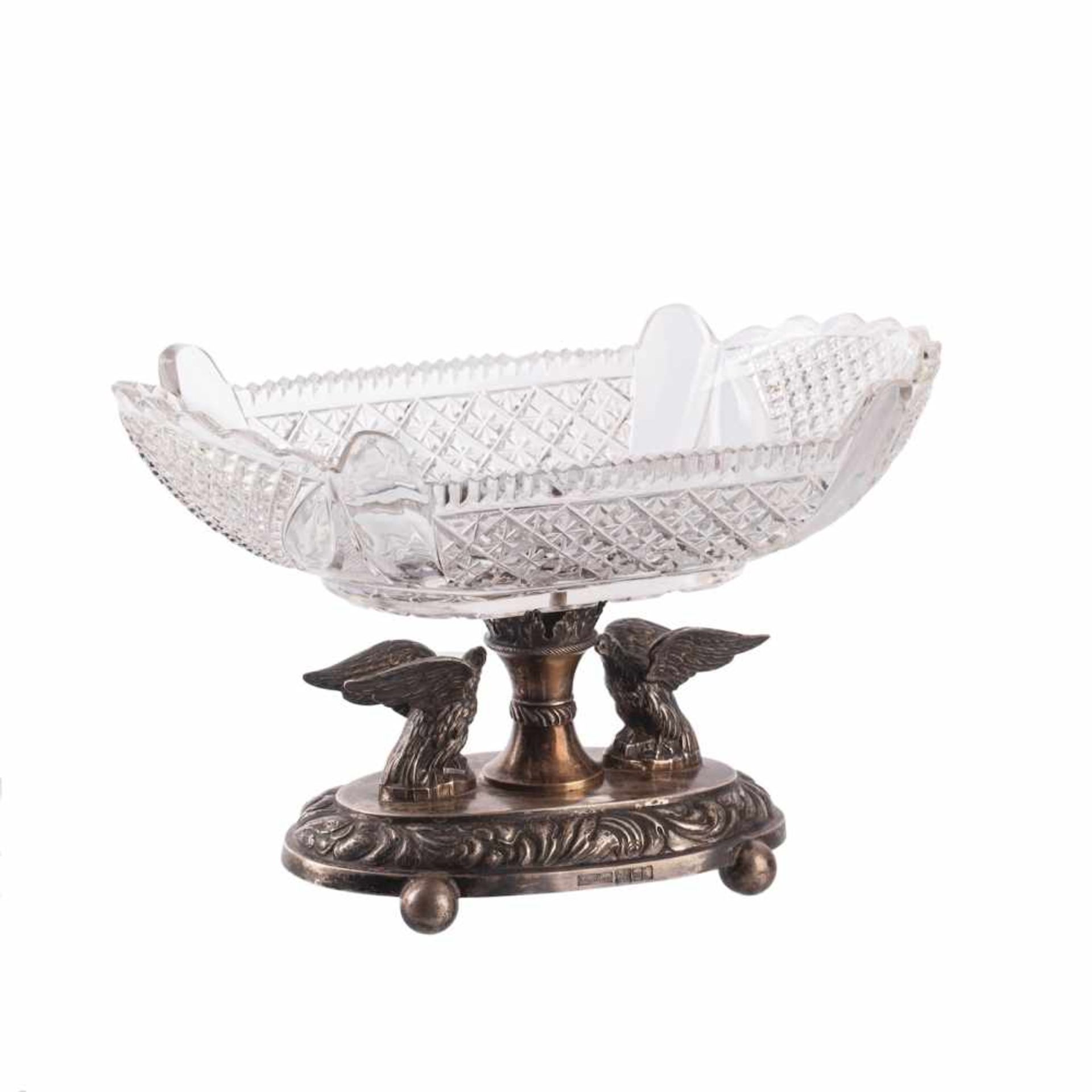A Russian silver-gilt & cut-crystal vaseA Russian silver-gilt and cut-crystal vase with cast swan