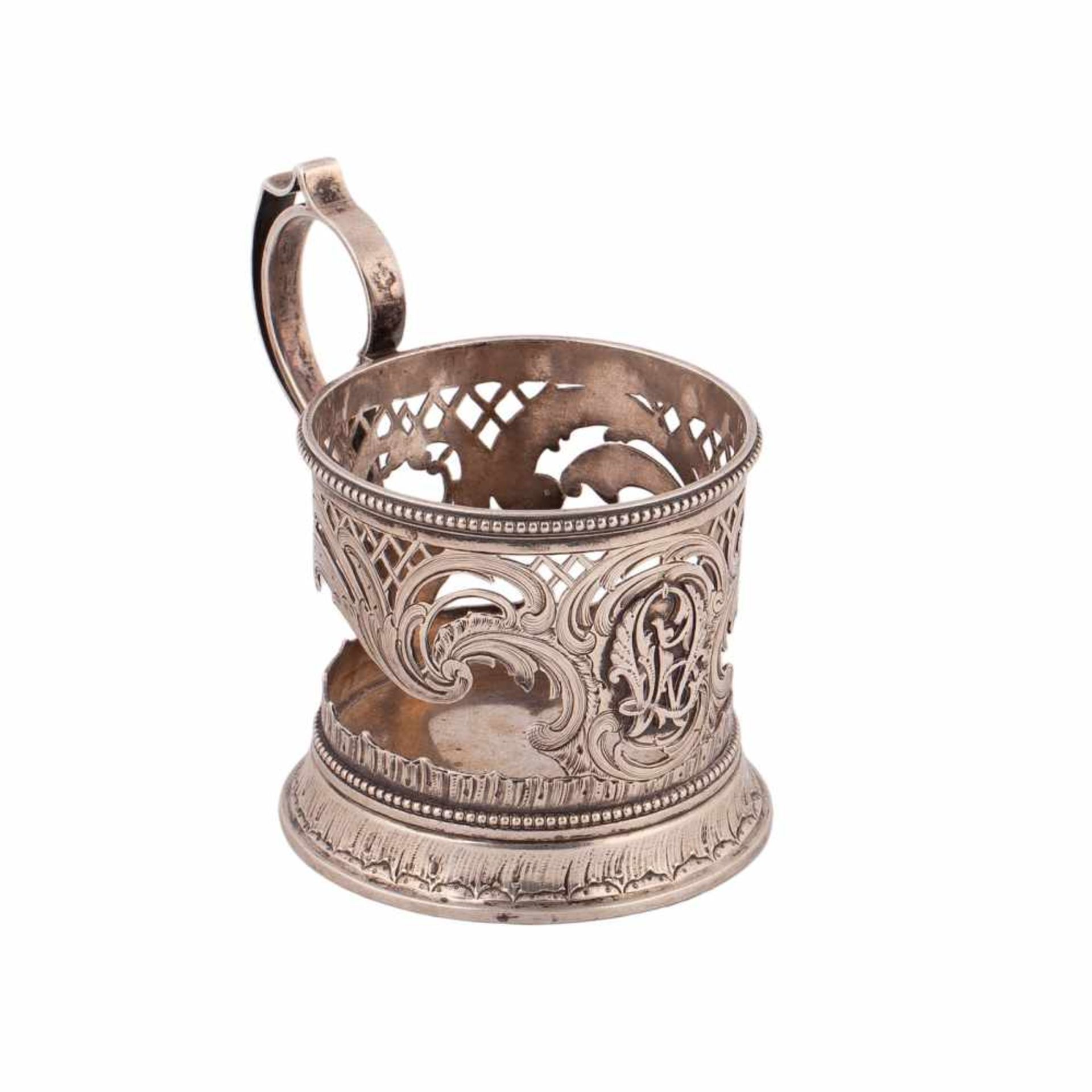 Russian tea glass holder. MorozovRussian tea glass holder. Silver, cast. Imperial Court supplier