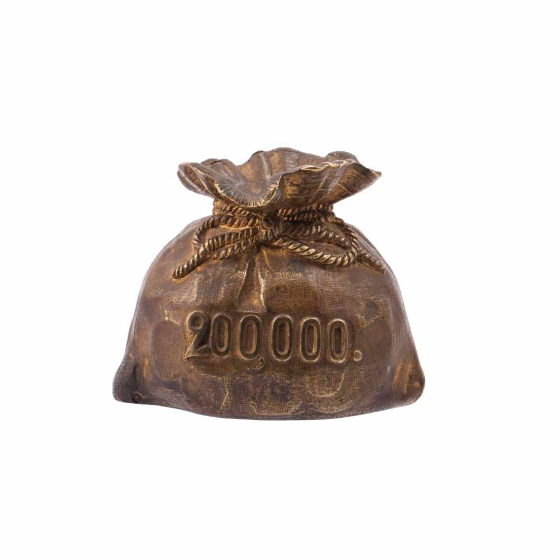 Russian cast bronze coin boxAn unusual Russian cast bronze coin box in the shape of a sack. Second