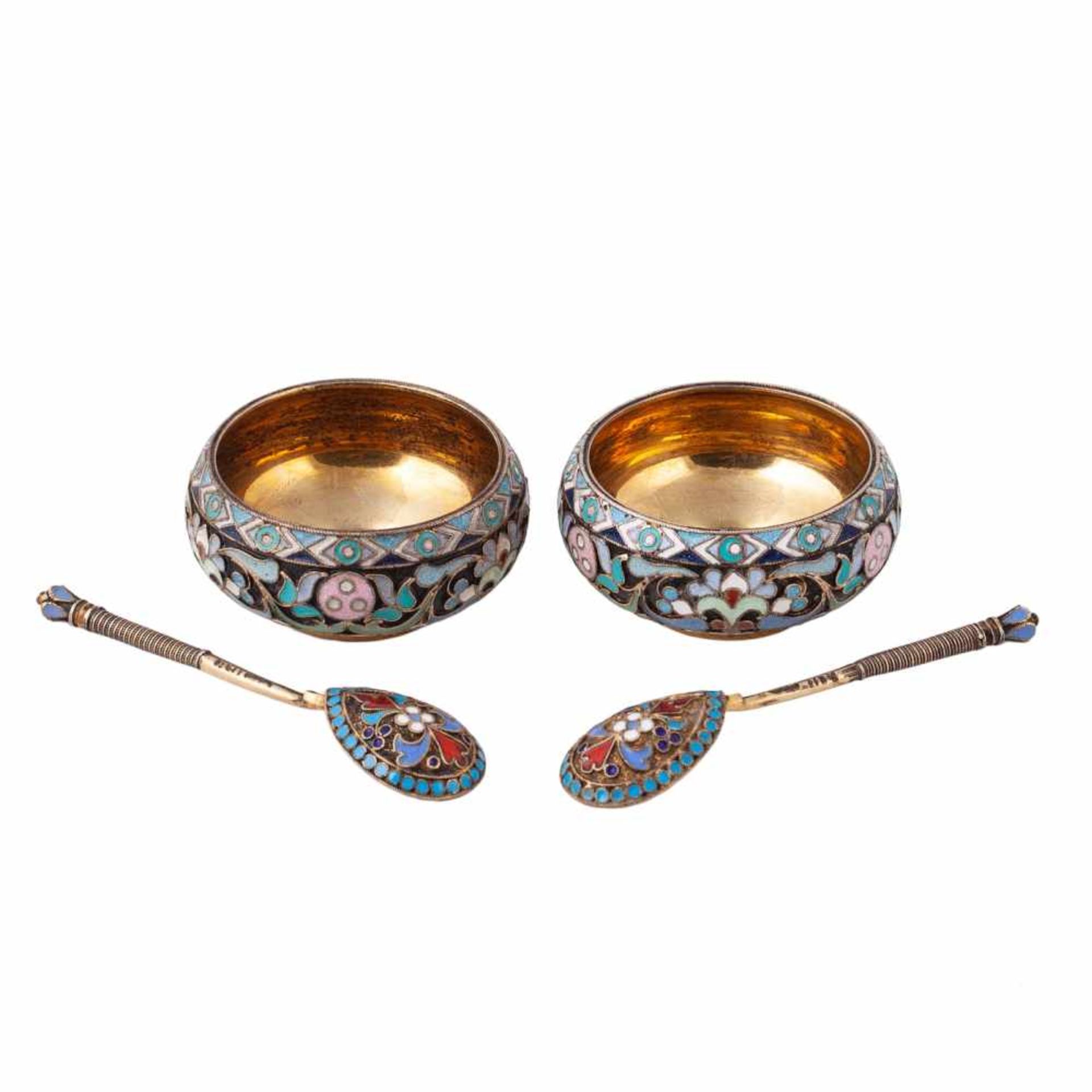 A pair of Ovchinnikov Russian salt cellarsA pair of Ovchinnikov Russian salt cellars with spoons. 84