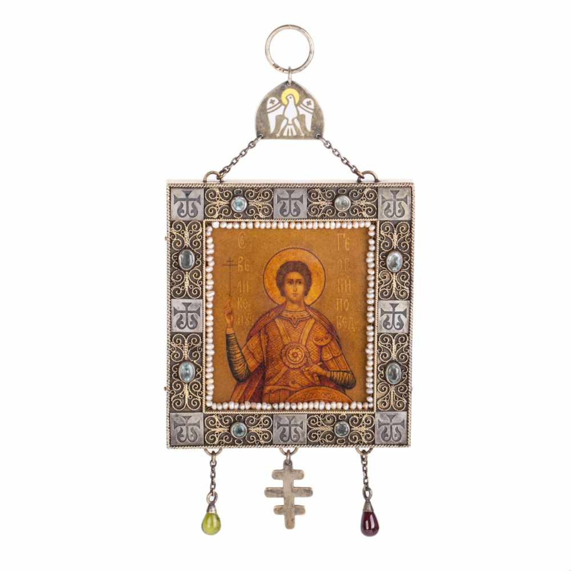 Very Rare travel icon of Saint GeorgeVery Rare Russian Art Nouveau silver, filigree, enamel, and gem