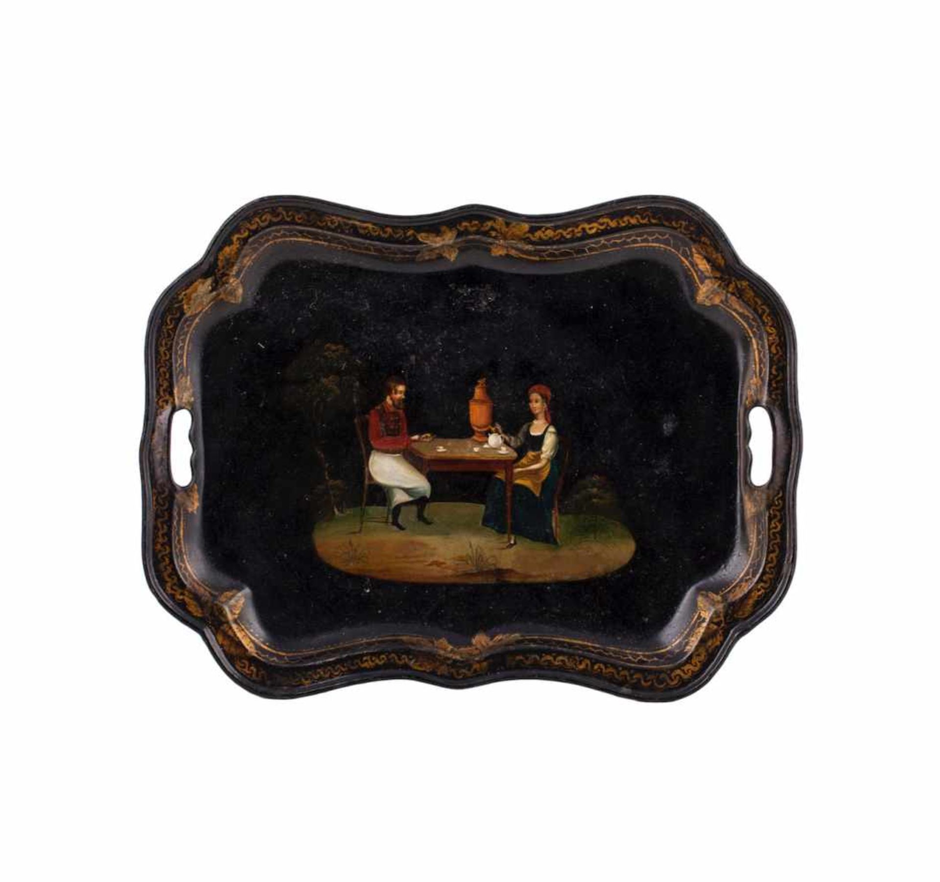 Russian tray with a painted tea drinking sceneRussian tray with a painted tea drinking scene.