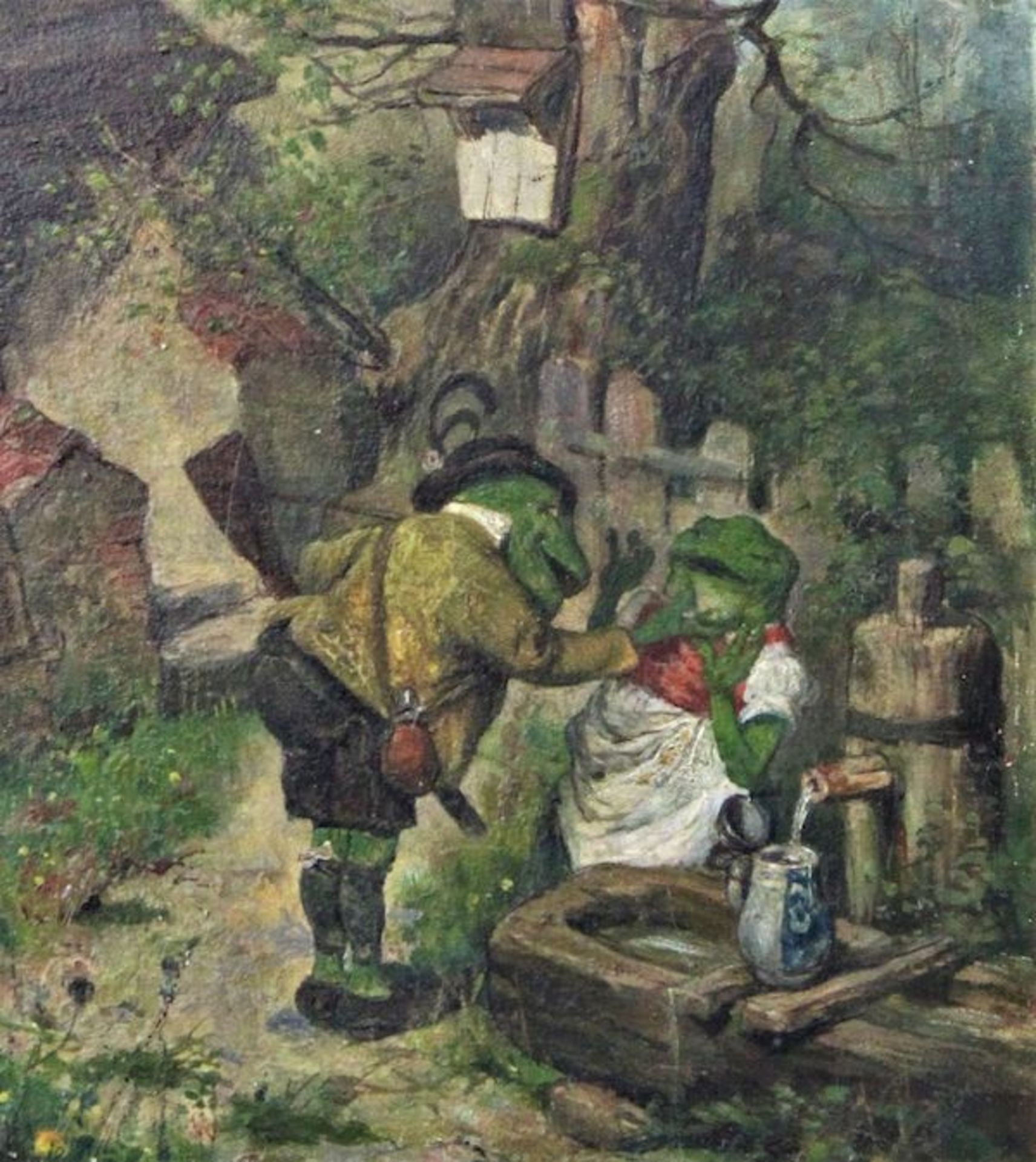 Schlitt, Heinrich ( 1849 bis 1923 ), attr." Froschsständchen am Brunnen " Öl auf Holz Maße: ca. 22,5 - Bild 3 aus 4