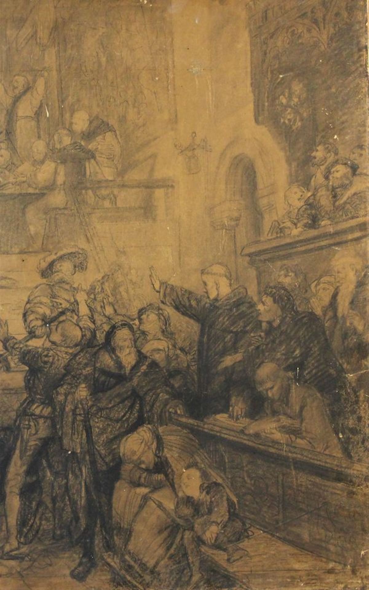 Lindenschmitt, Wilhelm ( 1806 bis 1848 ) " Disput in der Kirche "Kohle auf Papier auf Karton - Bild 4 aus 4