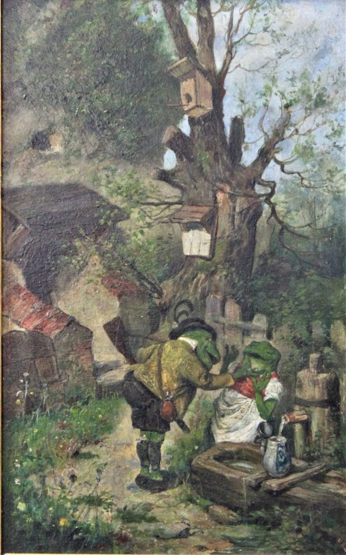 Schlitt, Heinrich ( 1849 bis 1923 ), attr." Froschsständchen am Brunnen " Öl auf Holz Maße: ca. 22,5 - Bild 2 aus 4