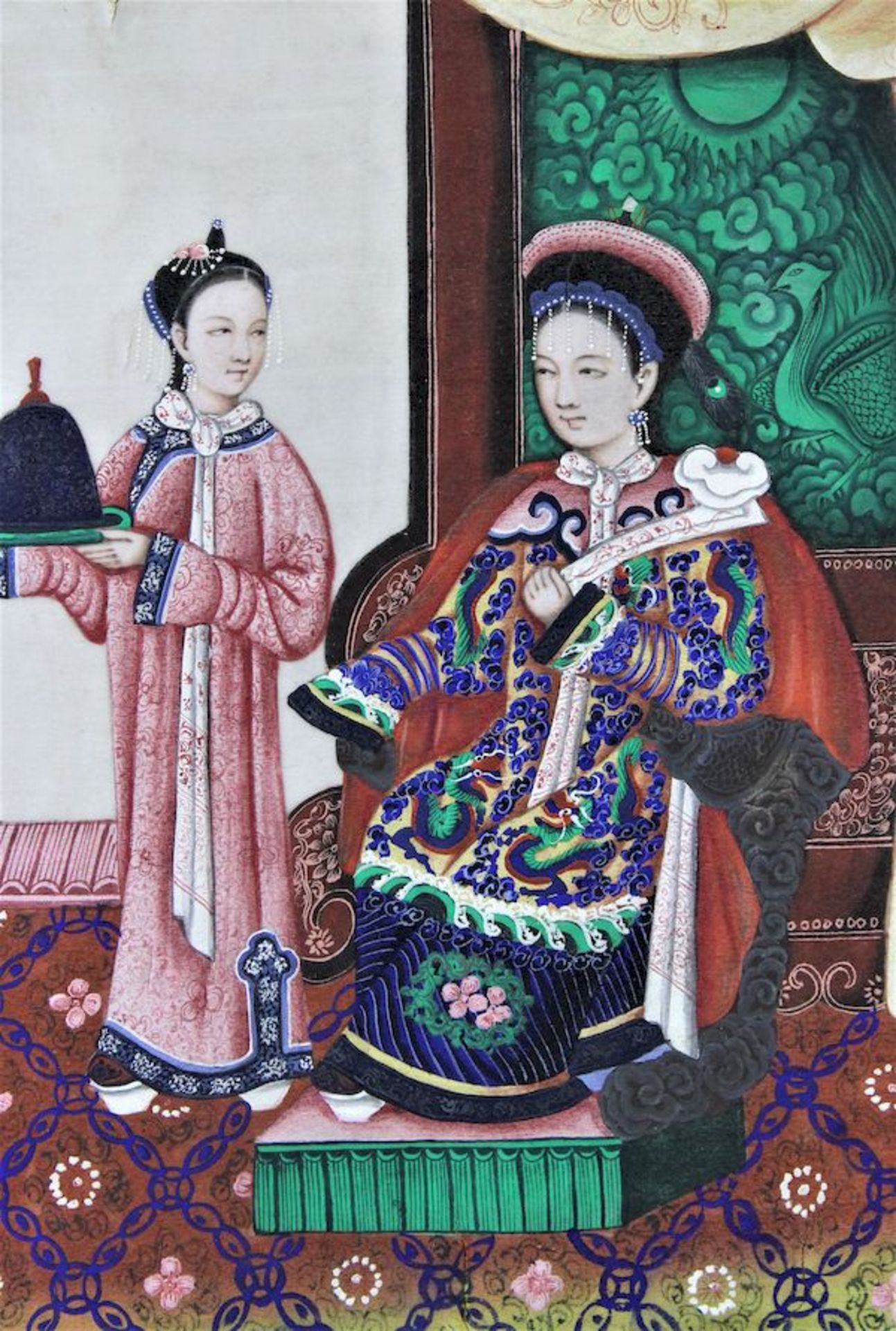 Kantonmalerei auf Reispapier China um 1810" Kaiserfrau mit Bediensteter " Maße: ca. 33 cm x 21 cm - Bild 2 aus 2