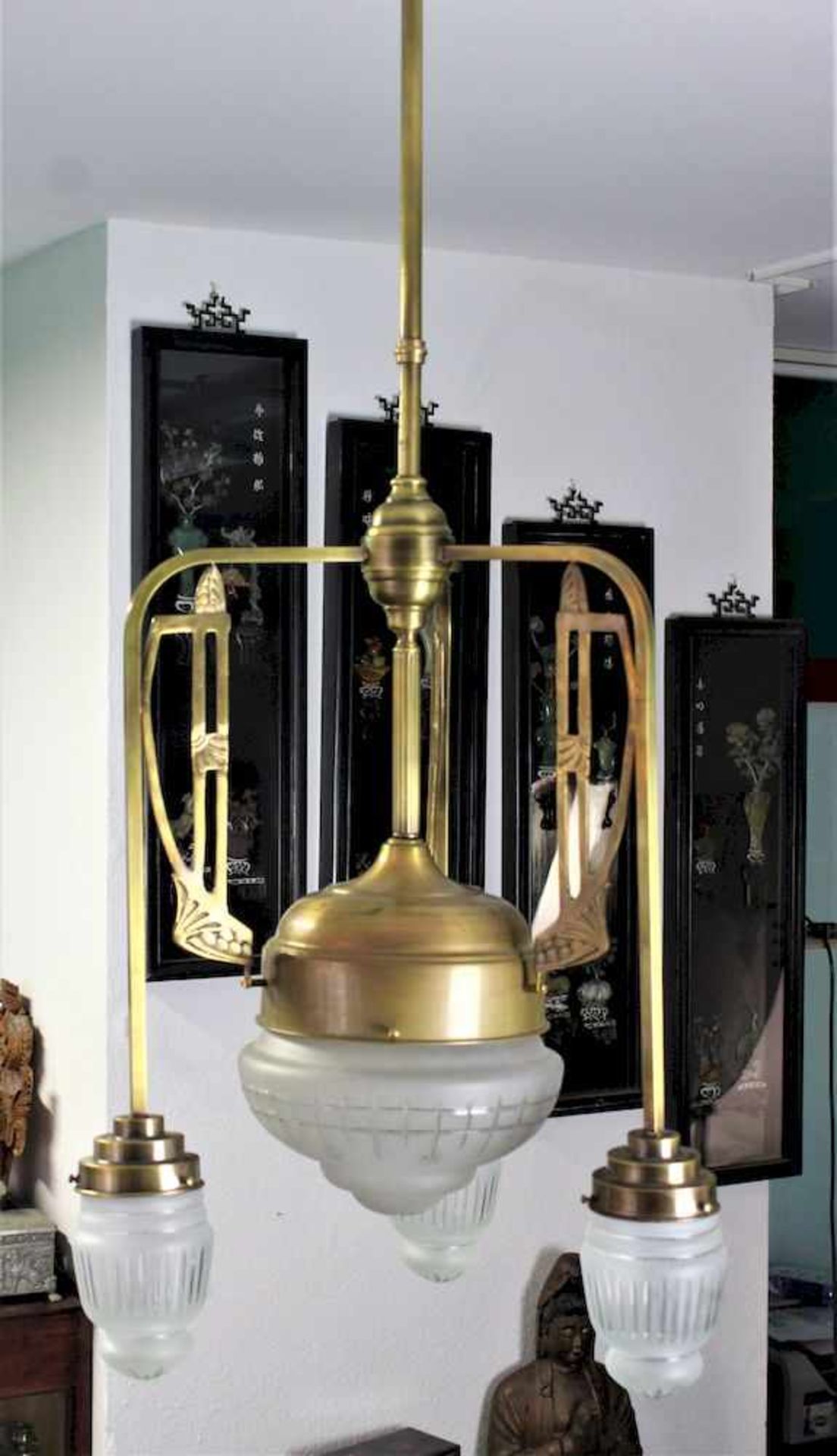 Jugendstillampe um 19104-flammig, Messing mit geschliffenen Glaseinsätzen funktionsfähig Maße: ca.