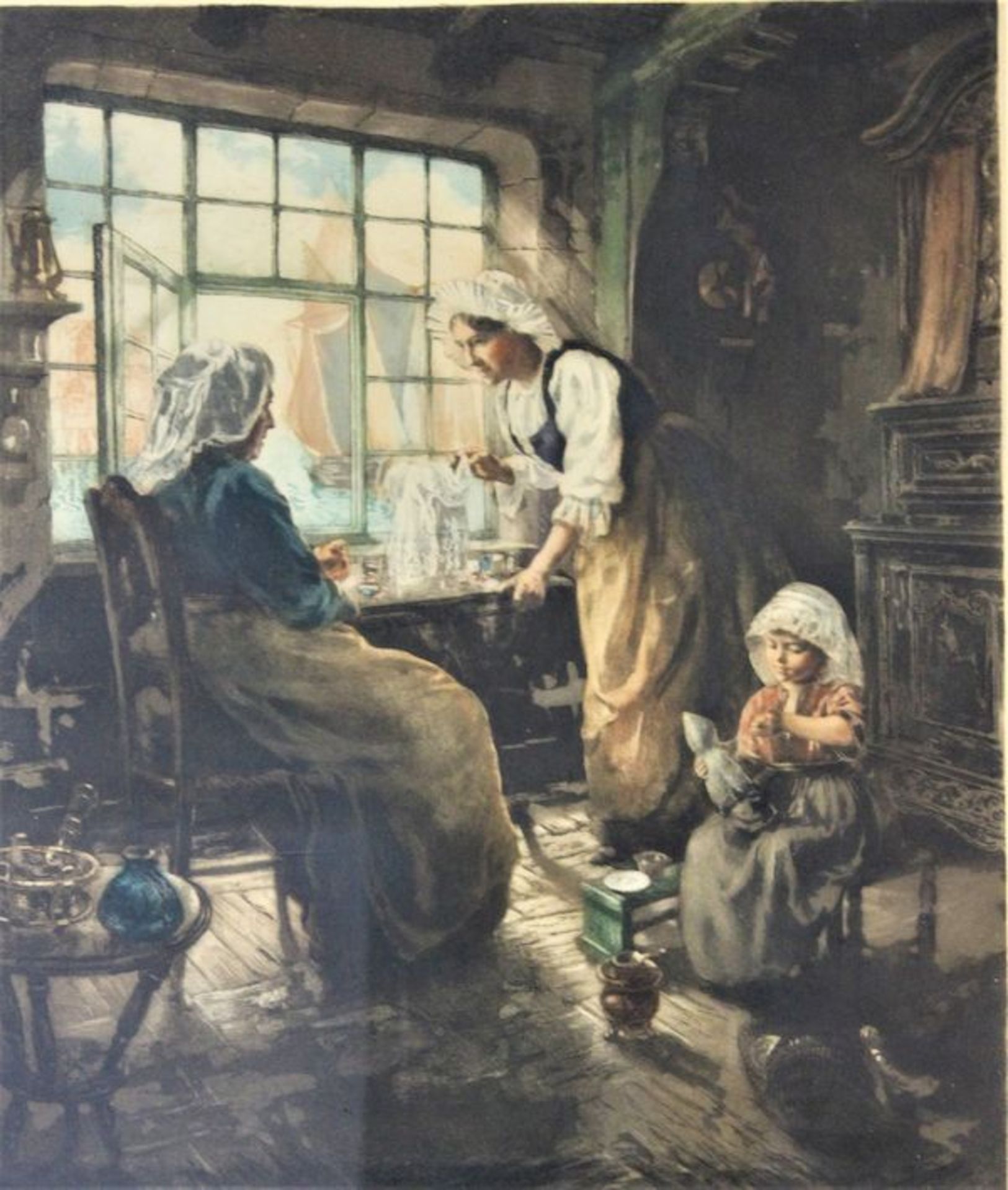 Holländischer Künstler des 19.Jhdt., unleserlich signiert" Familienidylle " farbige Litographie - Image 2 of 3