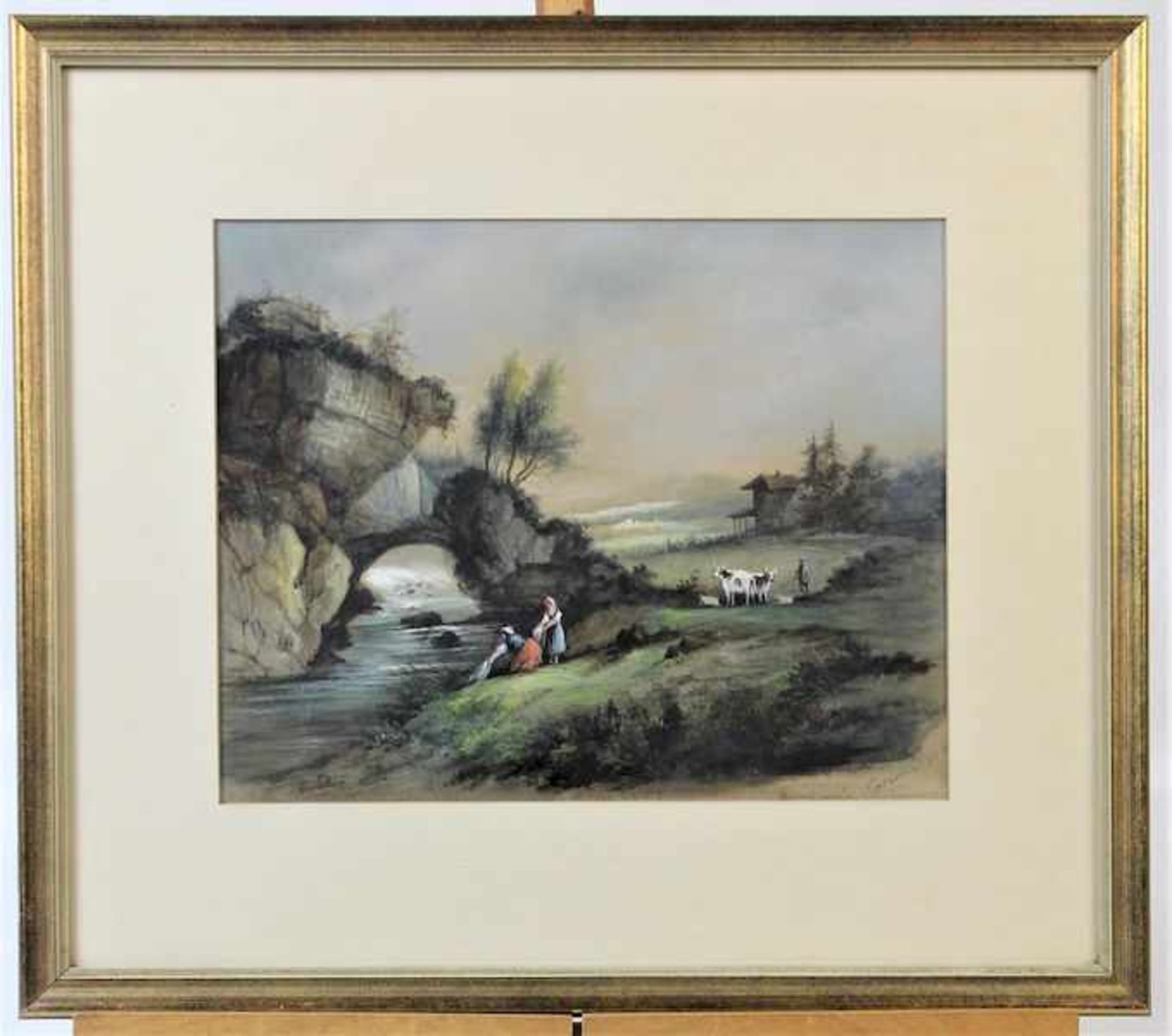 Trost, Wilhelm ( 1813 bis 1901 ) " Wäscherinnen am Fluss "Aquarell auf Papier r.u.sgn.u.dat. 1899