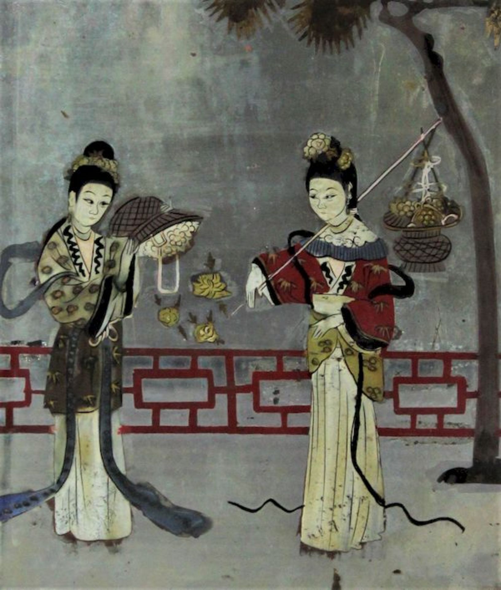Hinterglasmalerei, verspiegelt " Hofdamen im Park "China , 18.Jhdt. Maße: ca. 40 cm x 29,5 cm - Bild 2 aus 2