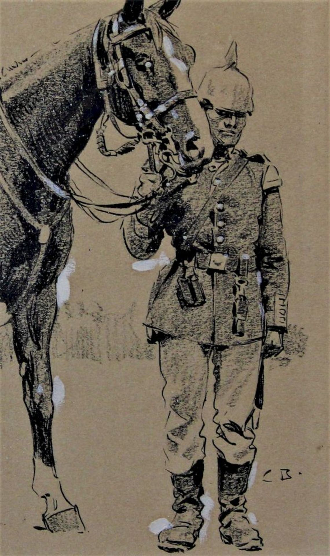Becker, Karl ( 1862 bis 1926 )" Tambour mit Pferd " Tusche, weiß gehöht auf Papier r.u.mono. Maße: - Bild 2 aus 2
