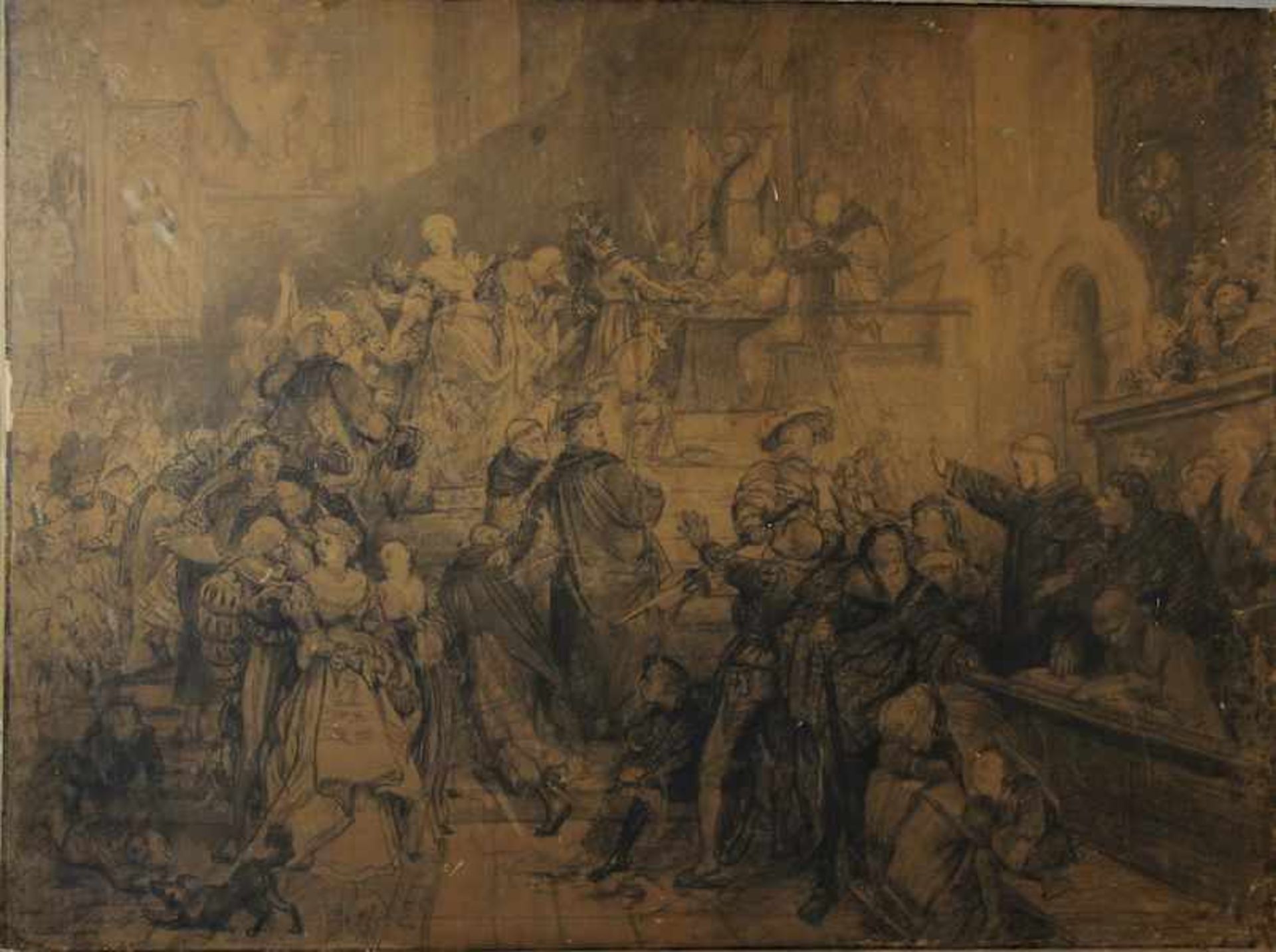 Lindenschmitt, Wilhelm ( 1806 bis 1848 ) " Disput in der Kirche "Kohle auf Papier auf Karton