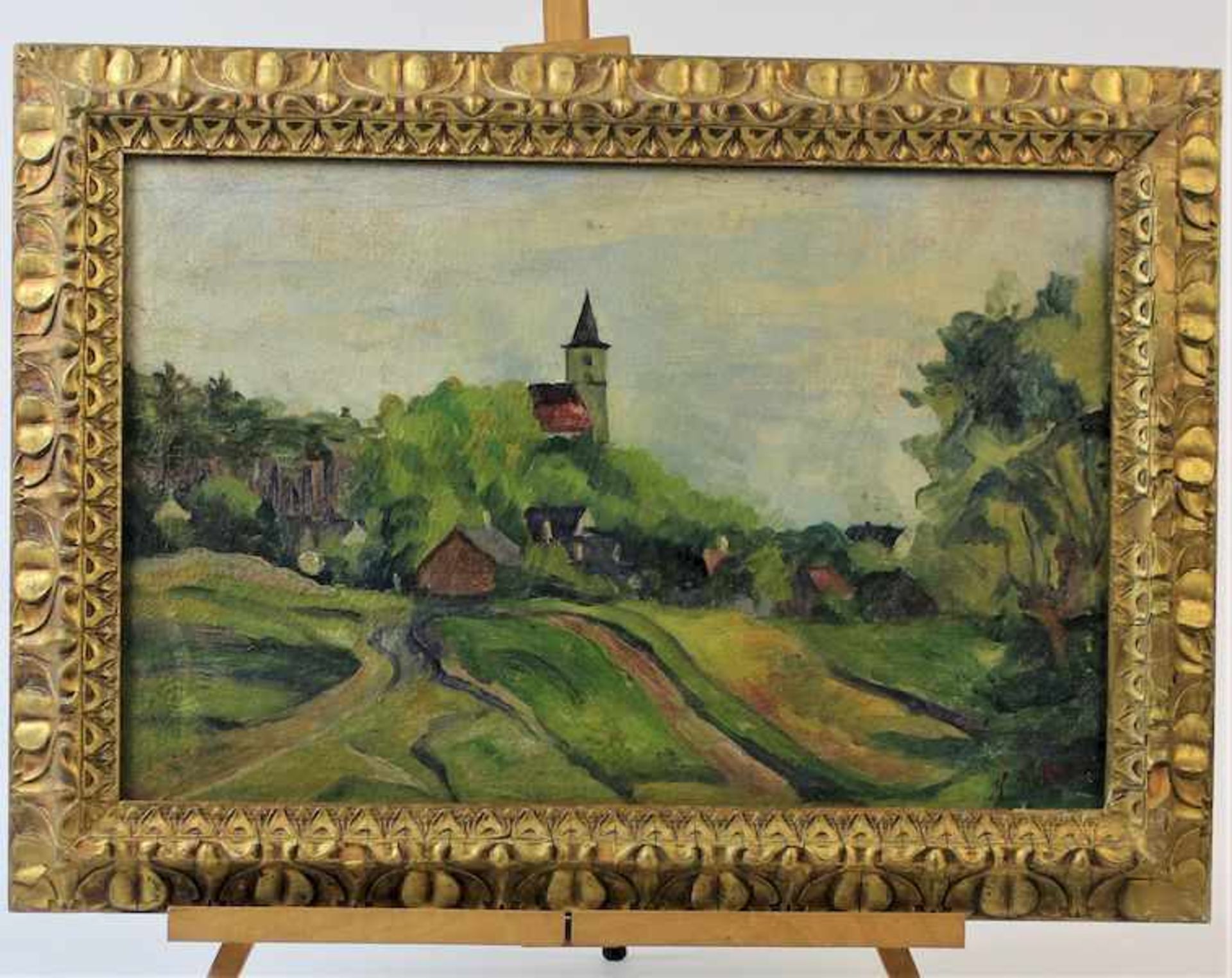 Rettner, Heinrich ( 1902 bis 1991 ) " Landschaftt mit Kirchenansicht "Öl auf Leinwand r.u.sgn. Maße: