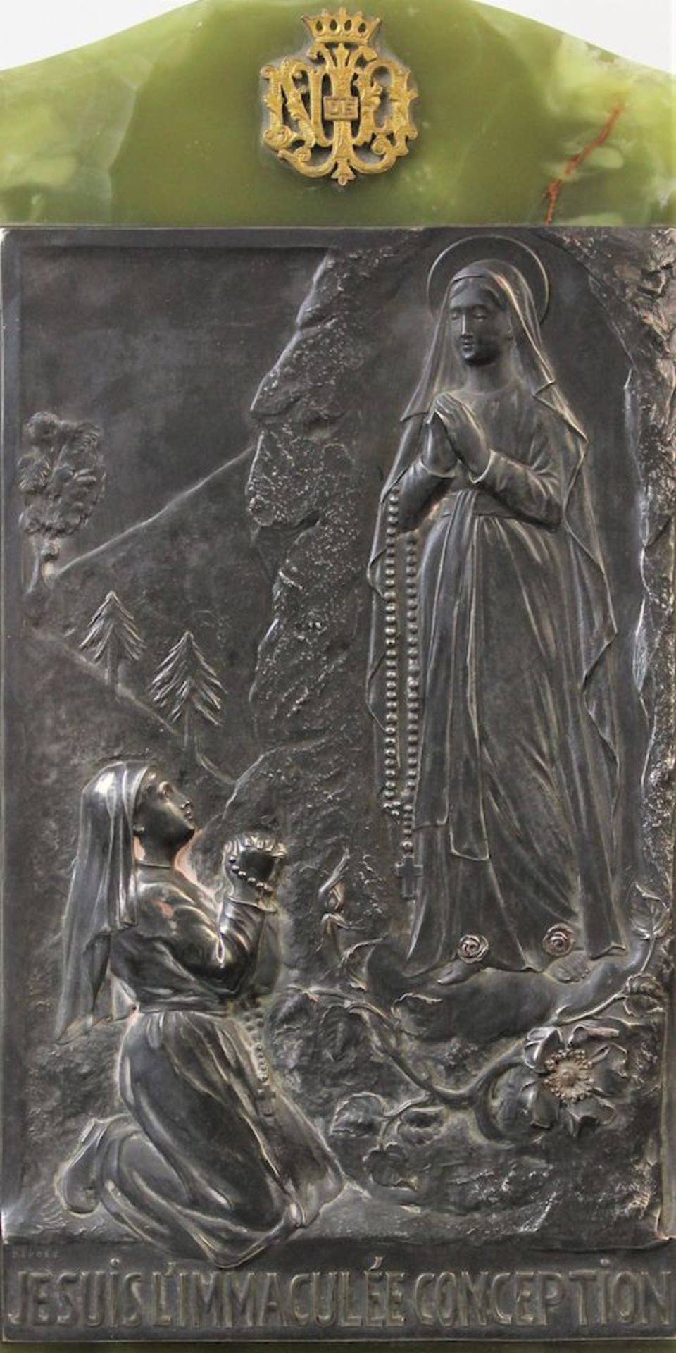 Epitaph der Eleonora von Arenberg um 1903grüne Marmorplatte mit aufgelegtem Zinnbildnis " Anbetung - Image 2 of 3