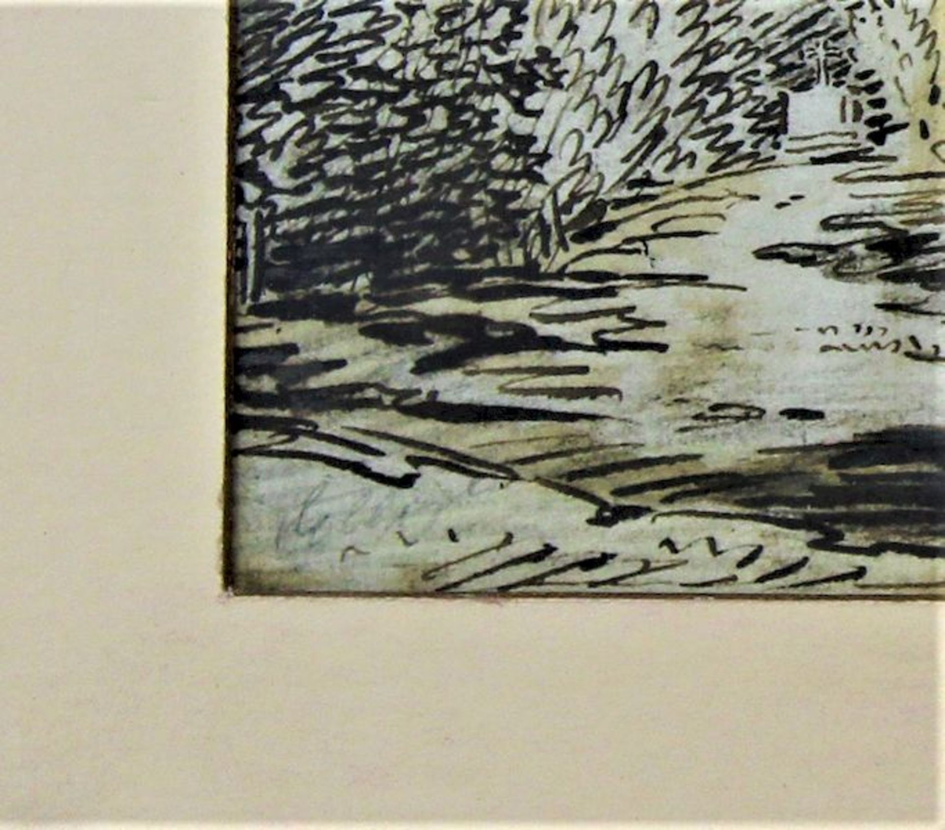 Anfang 19.Jhdt. Tuschezeichnung," Kirche am See " Tusche auf Papier Maße: ca. 16 cm x 31,5 cm r.u. - Bild 3 aus 3