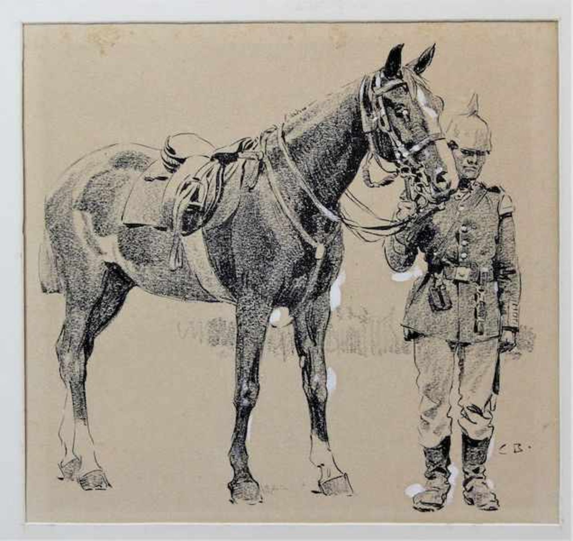 Becker, Karl ( 1862 bis 1926 )" Tambour mit Pferd " Tusche, weiß gehöht auf Papier r.u.mono. Maße: