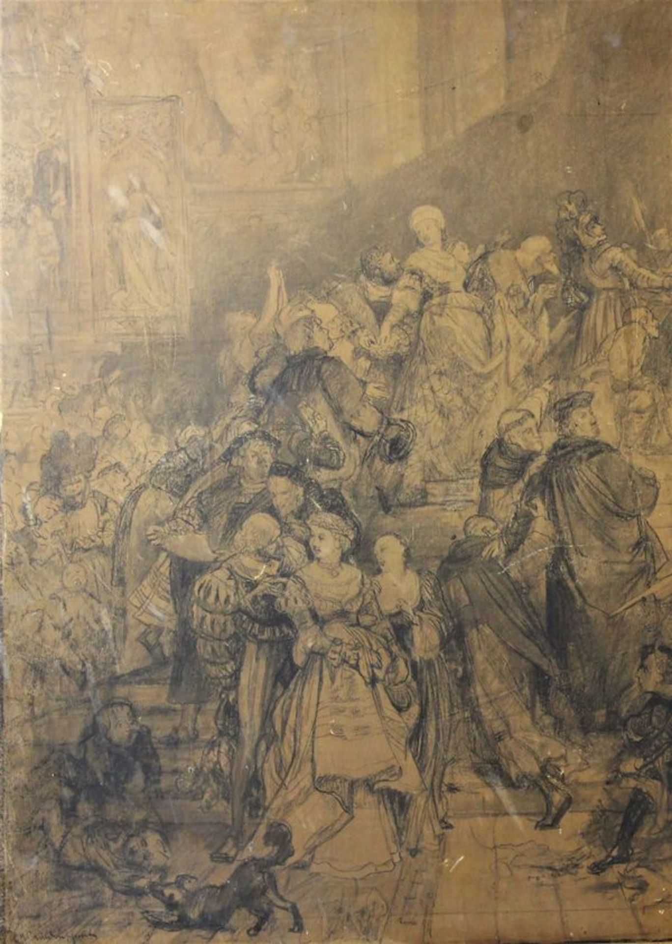Lindenschmitt, Wilhelm ( 1806 bis 1848 ) " Disput in der Kirche "Kohle auf Papier auf Karton - Bild 3 aus 4