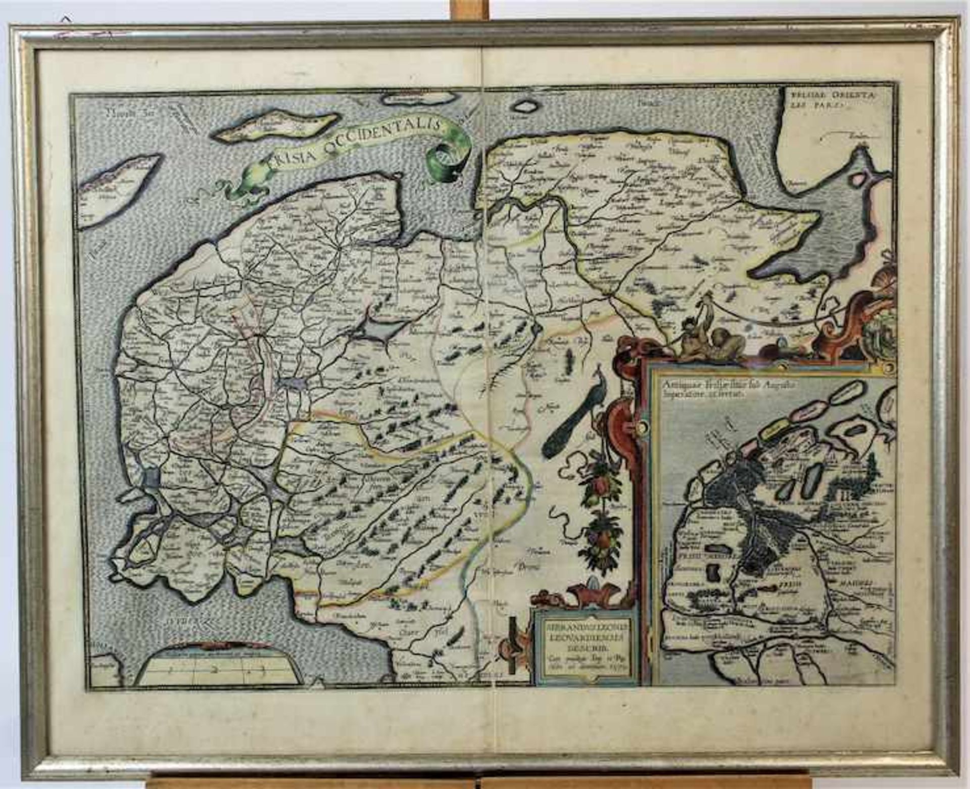 Abraham Ortelius " Frisia Occidentalis - Friesland ", 1579Colorierter Stich Maße: ca. 37 cm x 50