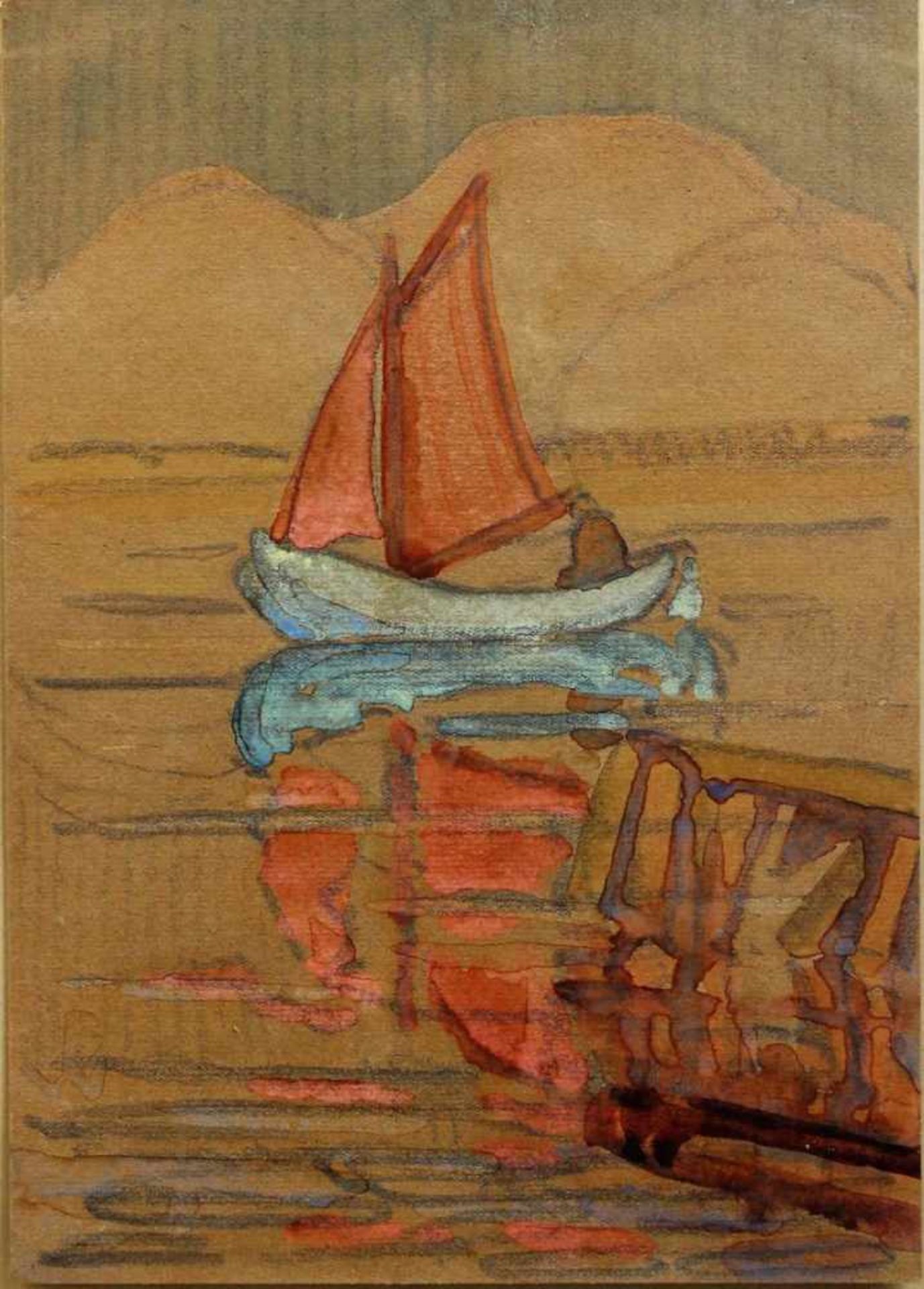 Monogrammist B.W. um 1910 " Segelboot auf dem See "Aquarell auf Papier, ca. 24,5 cm x 17,3 cm