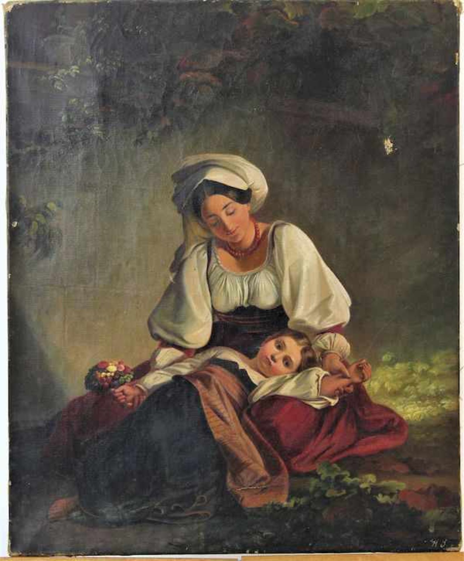 Deutscher Künstler um 1840" Mutter mit Kind " Öl auf Leinwand, leicht beschädigt r.u. undeutl. mono.
