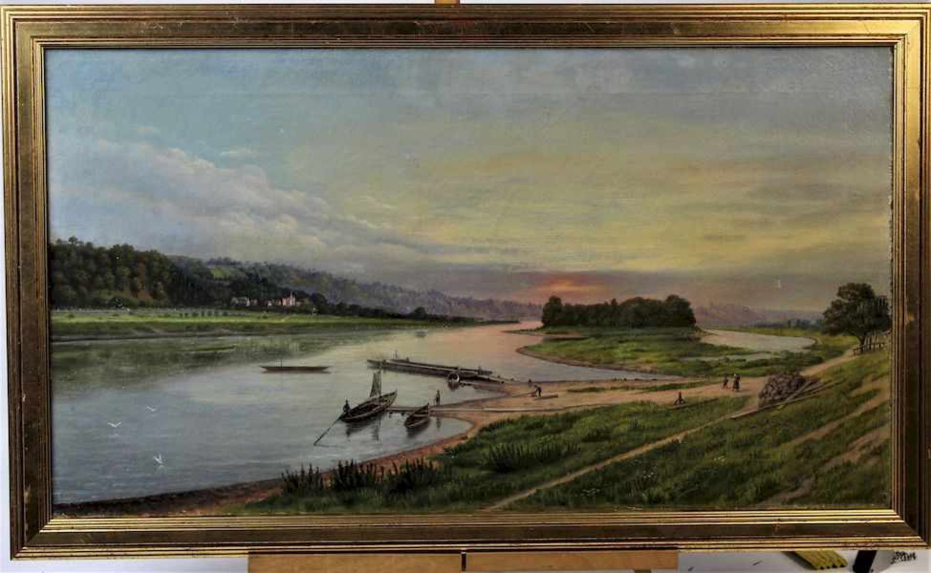 Künstler des 19.Jhdt. " Romantische Flusslandschaft mit Fähre bei Sonnenuntergang "Öl auf