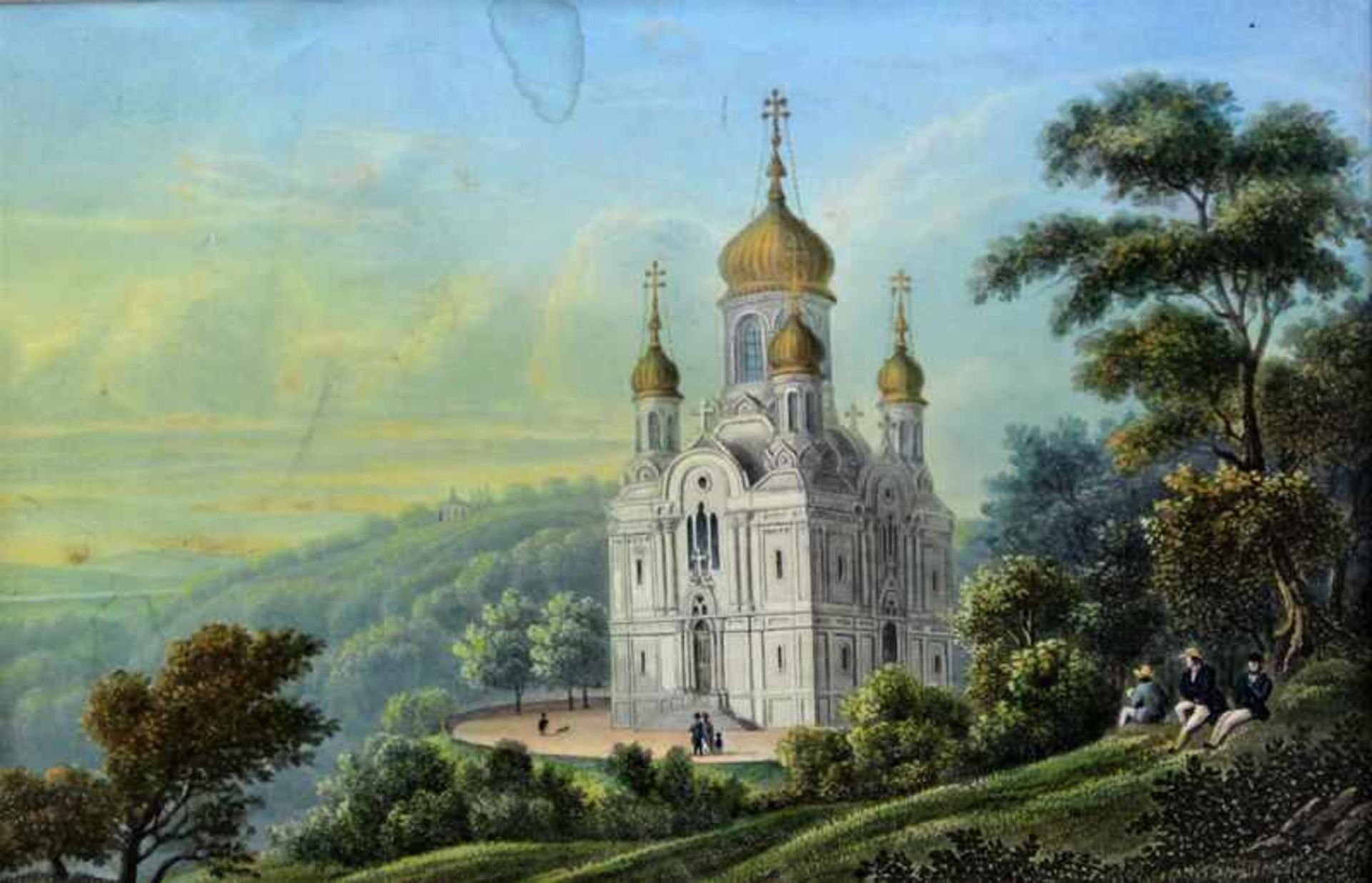 Unbekannter Künstler um 1860 " Russische Basilika in Wiesbaden "Aquarell auf Papier, ca. 14 x 22