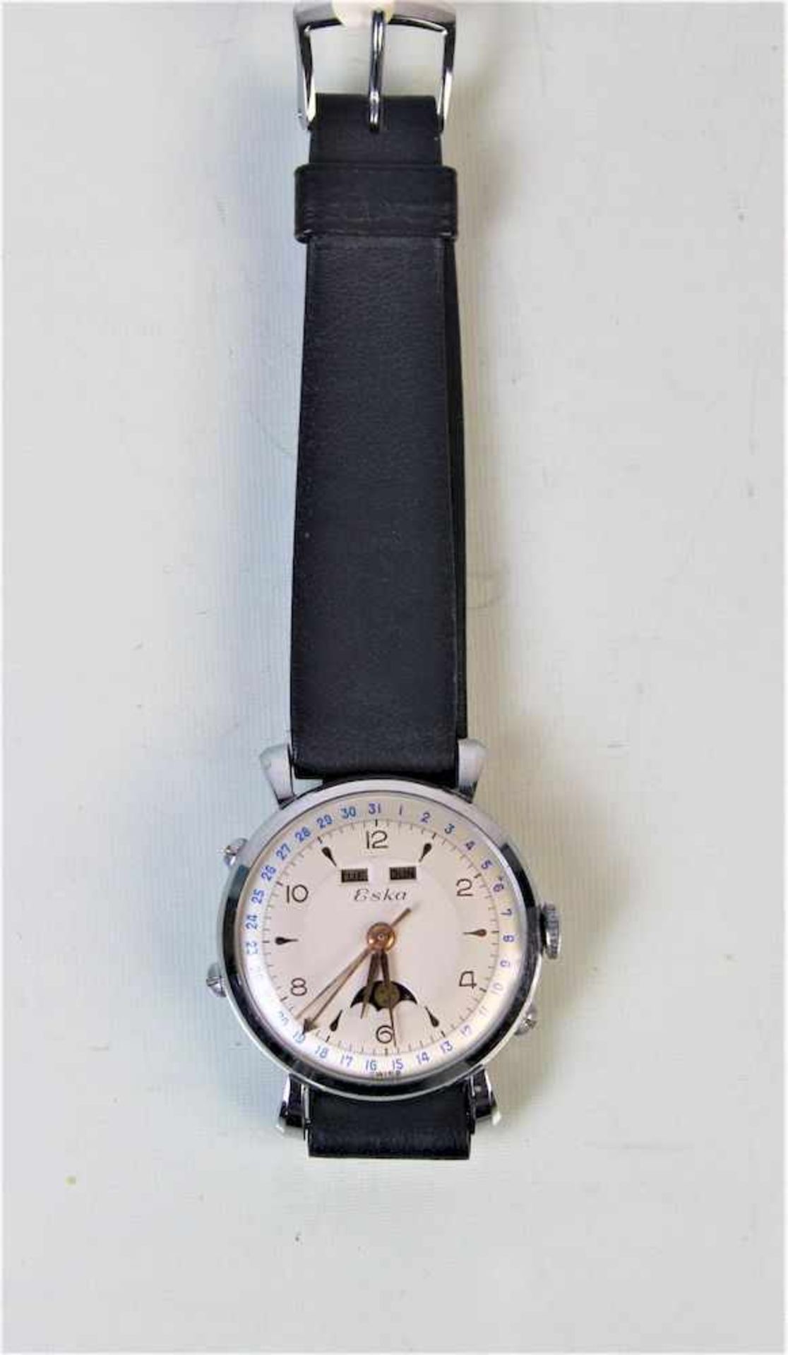 ESKA Herrenarmbanduhr, 1950er JahreStahl, handaufzug und Kalender mit kompletter Mondphase Ref.