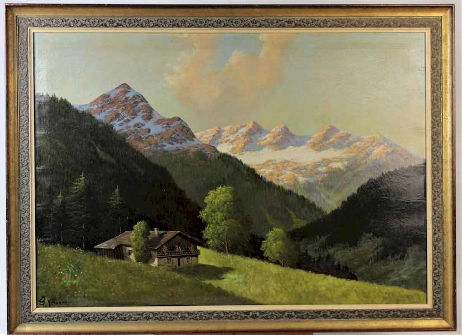 Deutscher Künstler um 1900 " Hochgebirge "Öl auf Leinwand l.u.sgn Maße: ca. 70 cm x 100 cm gerahmt