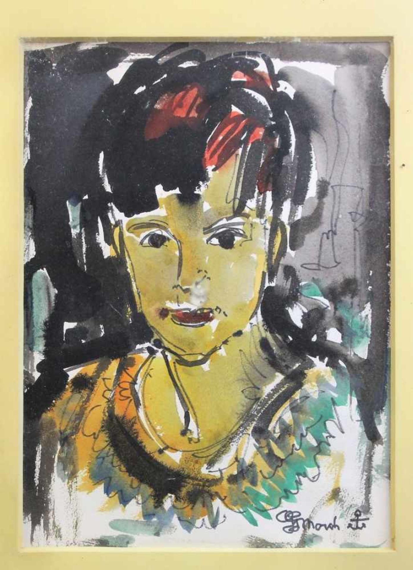 Undeutlich signiert " Portrait einer jungen Frau "Aquarell auf Papier, Maße: ca. 30 cm x 21 cm, r.