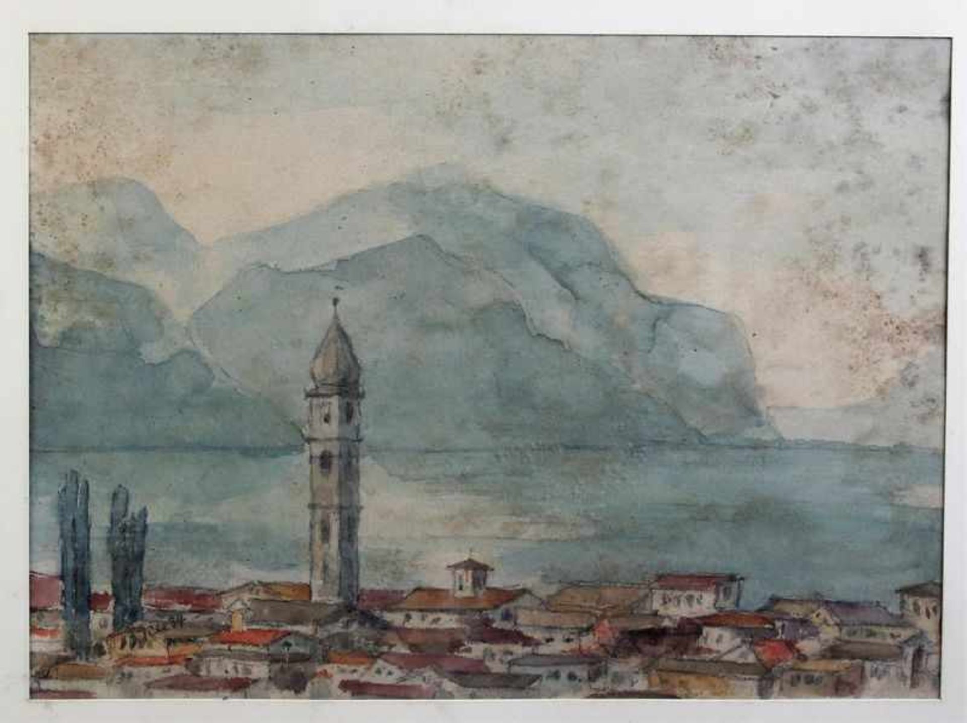 Undeutlich signiert " Italienische Stadt am See "Aquarell auf Papier, ca. 21 cm x 29 cm, l.u.