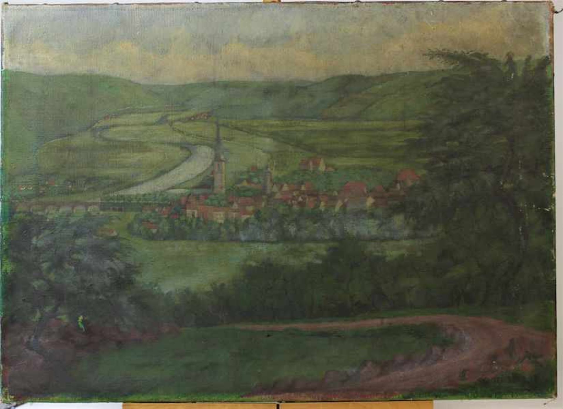 Driesler, L. " Blick auf ein Dorf am Fluss "Öl auf Leinwand r.u.sgn. Maße: ca. 52 cm x 72 cm