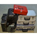 A graduated pair of rectangular metal case; others, camera case with fitted foam interiors,