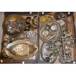 Metalware - a pair of EPNS candlesticks; bowls; bon bon dishes; brass comport; lamp;