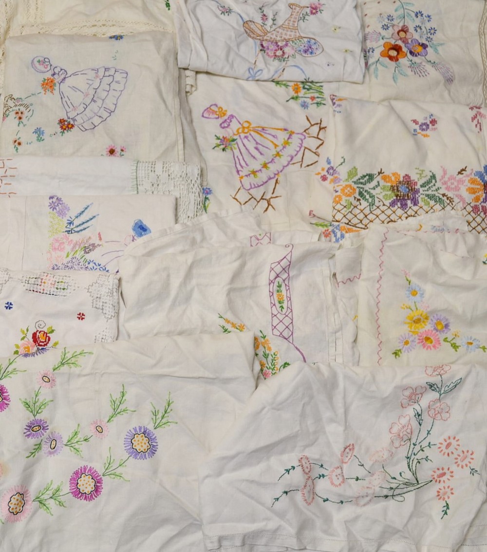 Textiles - hand embroidered tablecloths including English Country Garden Flowers, Crinoline Lady,