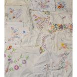 Textiles - hand embroidered tablecloths including English Country Garden Flowers, Crinoline Lady,