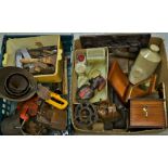 Boxes and Objects - an onyx desk set; hardwood carvings; stoneware foot warmer; tools;