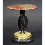 A Continental agate, parcel gilt and dark patinated bronze miniature table, figural support,